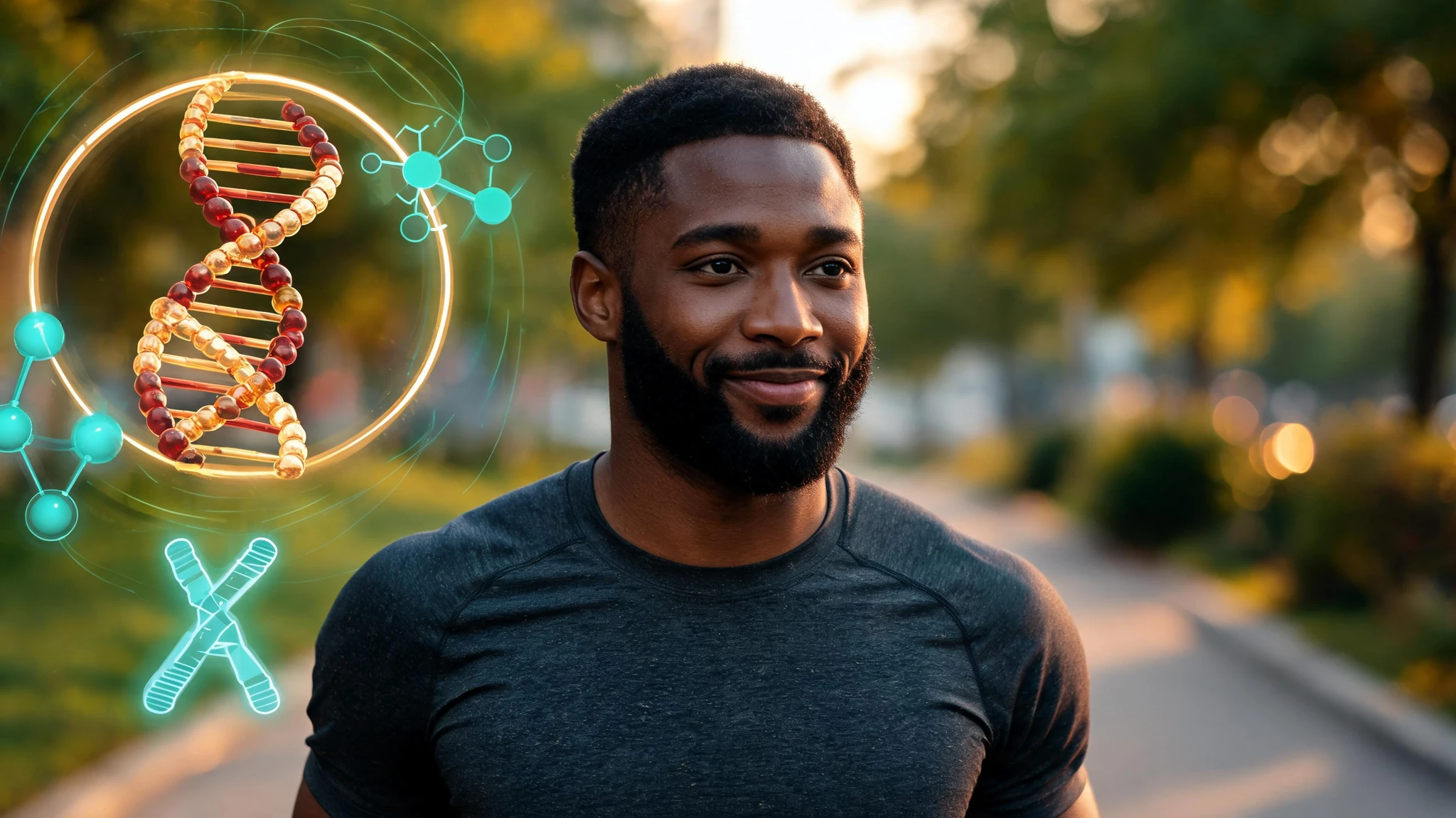 A smiling Black man in his late twenties with dark brown skin, short cropped black hair, a full neatly trimmed black beard, and a charcoal gray athletic t-shirt, photographed from the chest up against a softly blurred urban running path at golden hour. Floating in the upper left third is a glowing 3D double helix of DNA rendered in warm amber and deep red beads, encircled by a thin gold ring as if seen through a microscope porthole. Faint teal scientific overlays drift across the background, including a small molecular structure and a soft schematic of a chromosome with bright caps at each end. Strip out any text overlays or watermarks. Centered, chest-up framing that survives a 3:4 portrait crop without losing the DNA element