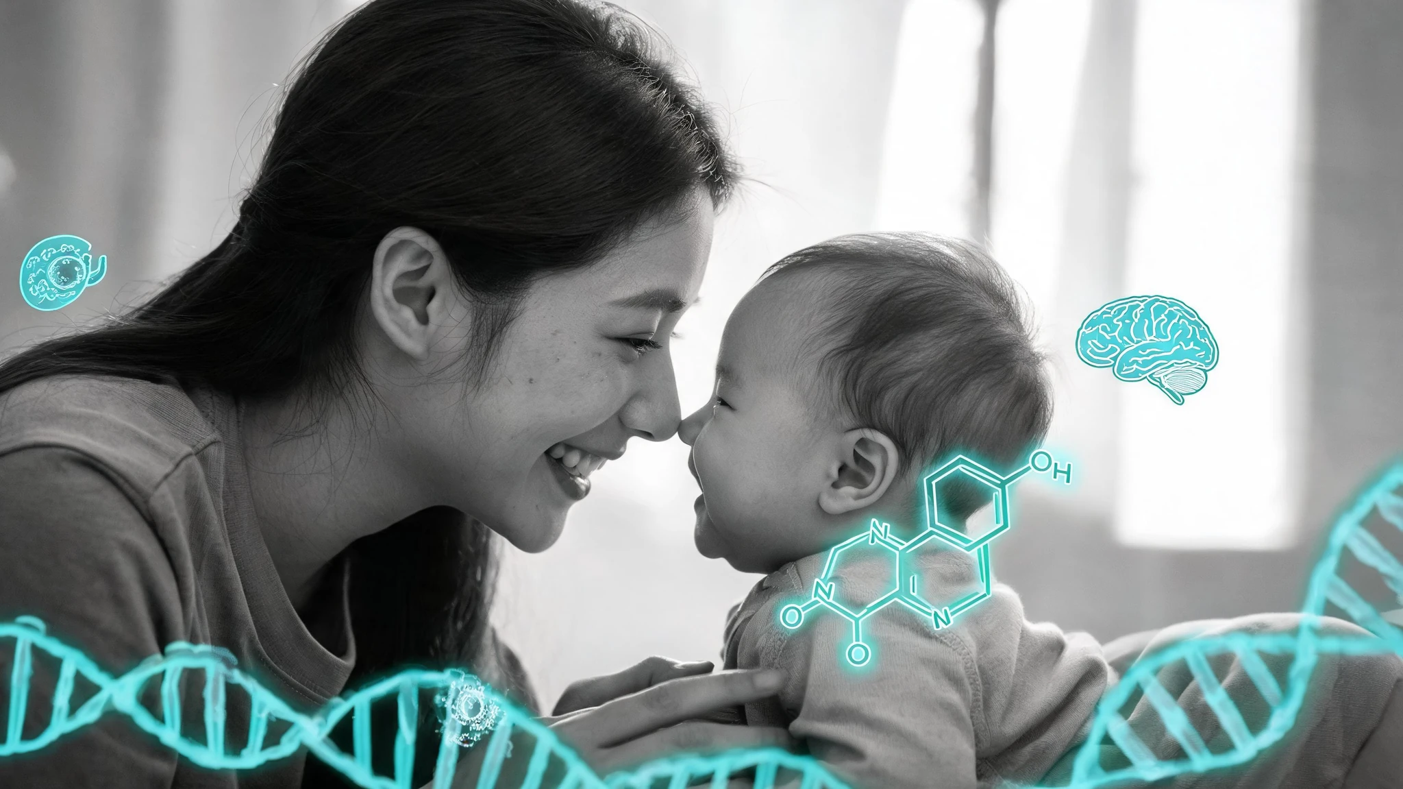 A young East Asian mother in her early thirties with long dark brown hair pulled back, fair skin with light freckles, wearing a soft taupe t-shirt, leaning forward and laughing nose-to-nose with her smiling six-month-old baby. The baby has light olive skin, fine wispy brown hair, and a pale grey onesie. They are positioned in front of a soft window light source. The original photo is rendered in dramatic high-contrast monochrome with a single neon teal accent: a glowing teal molecular sugar (sucrose) ring structure floats near the baby, a faint teal DNA helix curls along the lower edge, and small luminous icons of pancreatic cells and a stylized infant brain hover in the negative space. Centered, square-safe composition that survives a 3:4 portrait crop