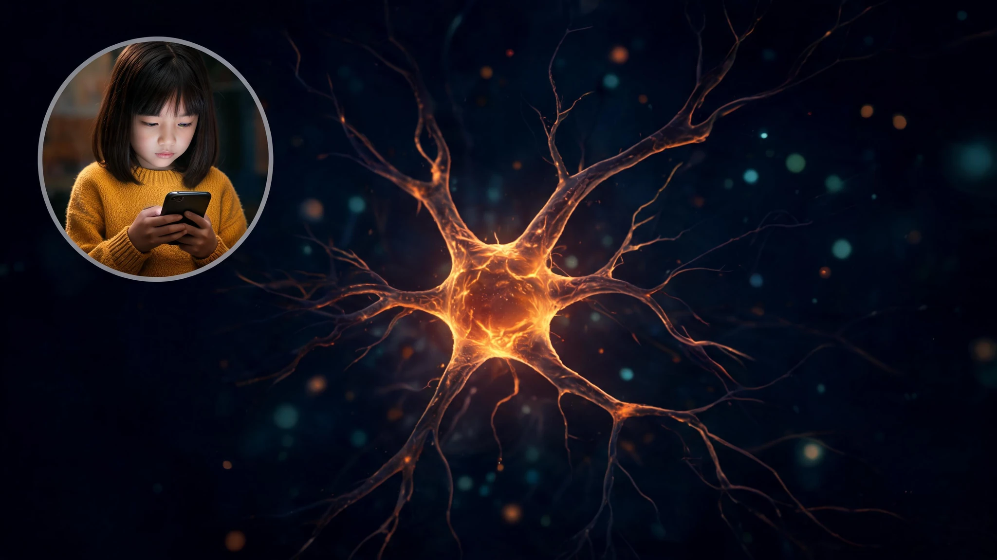 A stylized cinematic portrait of an East Asian girl about 9 or 10 years old with straight chin-length dark brown hair and a soft mustard yellow sweater, shown in a small circular inset in the upper left, looking down at a smartphone in her hands. The dominant element filling the rest of the frame is a single glowing neuron rendered like flickering orange and amber flame against a deep navy background, with branching dendrites stretching outward and a bright molten core. Faint scattered bokeh particles in warm orange and cool teal float around the cell. Strip all text overlays, watermarks, and the small brain icon. Centered composition that survives a 3:4 portrait crop