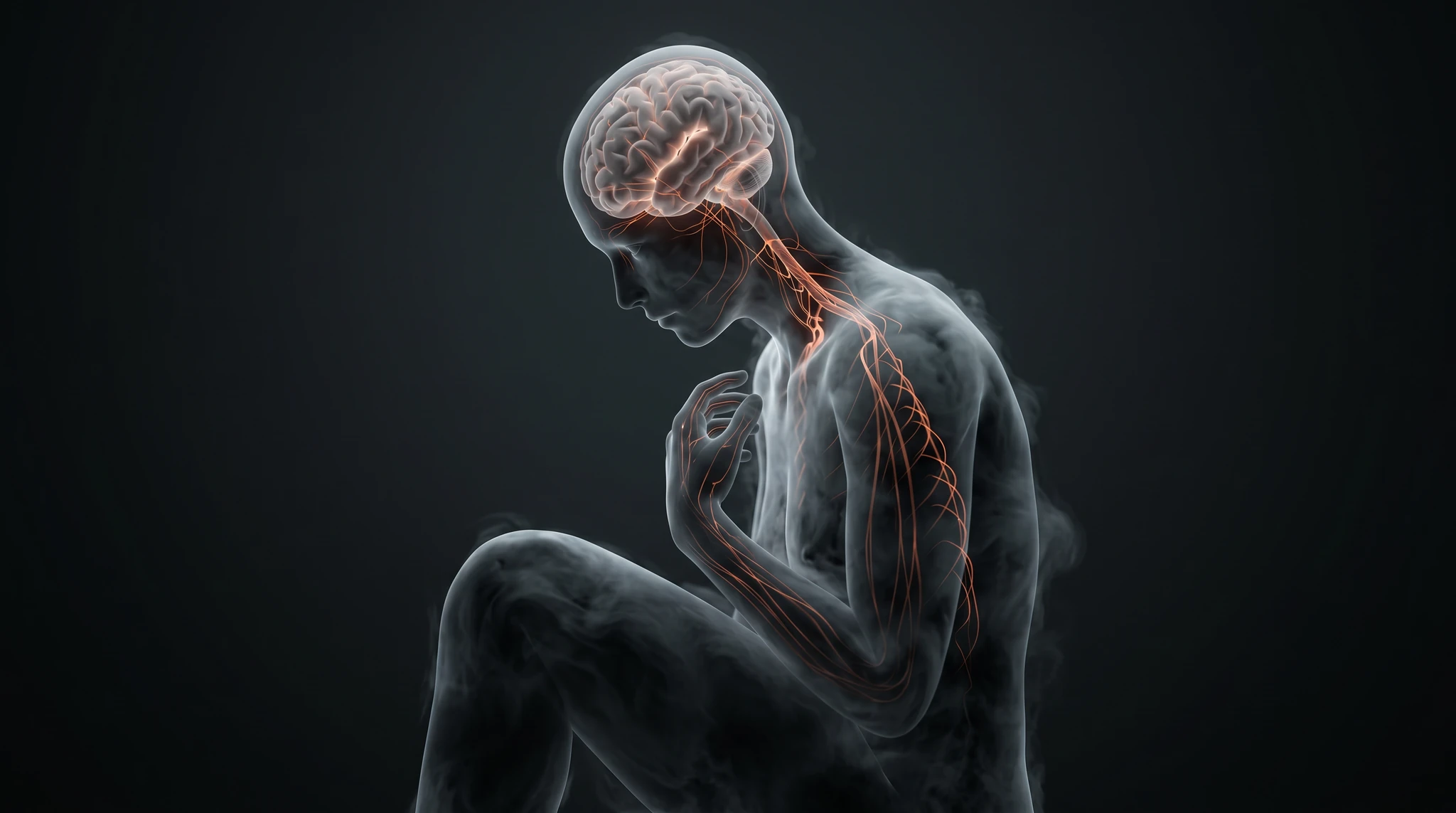 A dark, cinematic, ethereal 3D render of a translucent human figure curled forward in a quiet, contemplative posture, seen in three-quarter profile against a deep charcoal grey backdrop. The body is r