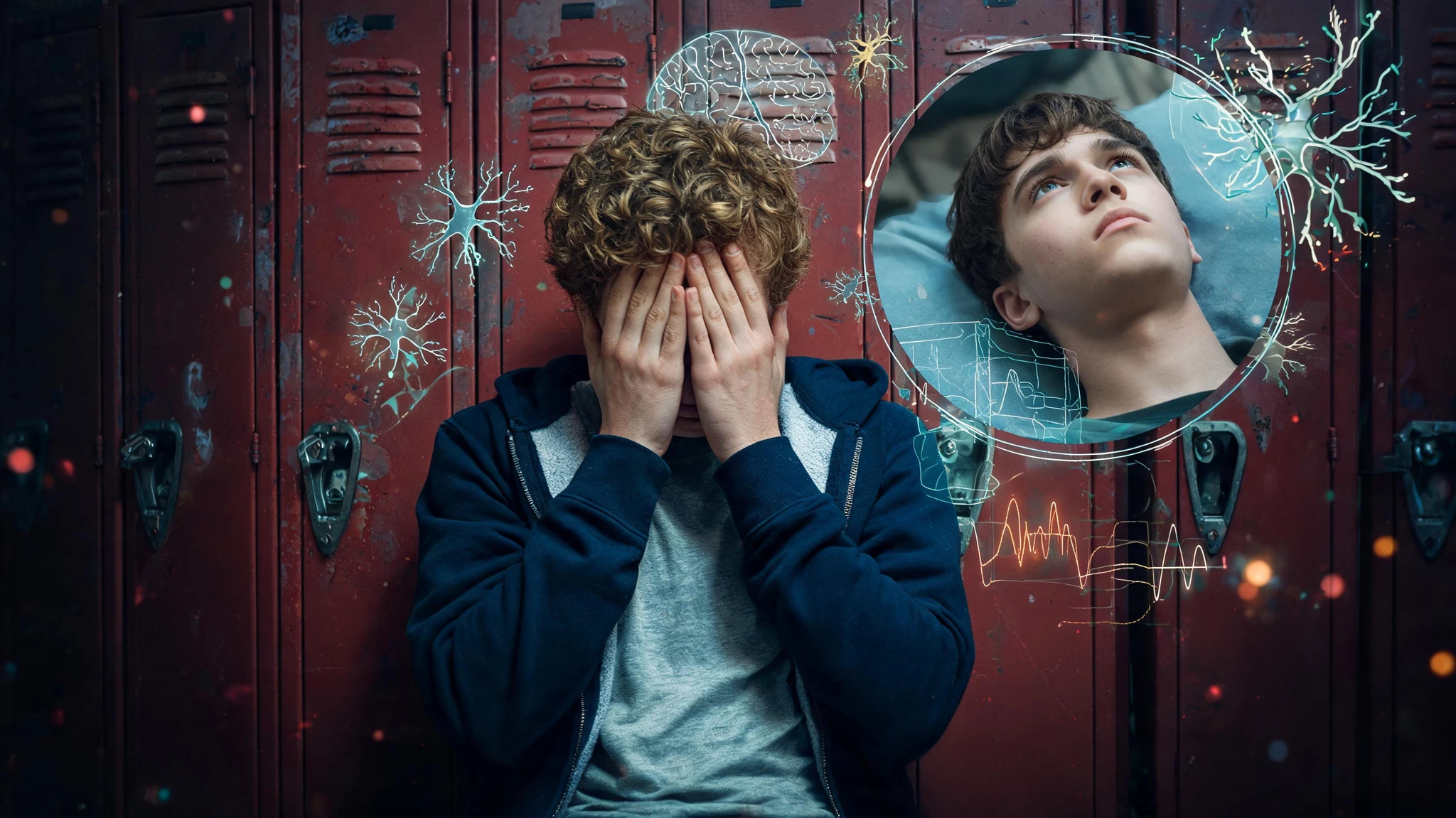 A Caucasian teenage boy, around 16 years old, with curly light brown hair, wearing a navy blue zip-up hoodie over a grey t-shirt, sits slumped against a row of weathered red metal school lockers, his hands covering his face in a posture of quiet despair. Floating above and beside him, a smaller circular framed inset shows a second Caucasian teenage boy, around 17, with short dark brown hair, lying back and staring upward with a blank, exhausted expression. Around both figures, faintly glowing teal and amber neuron diagrams, brain-region overlays, and abstract data-line graphs hover like translucent holograms, hinting at the science of adolescent mental health. Soft bokeh light particles in red, blue, and amber drift through the corridor. Strip all text overlays and watermarks. Centered composition that survives a 3:4 portrait crop