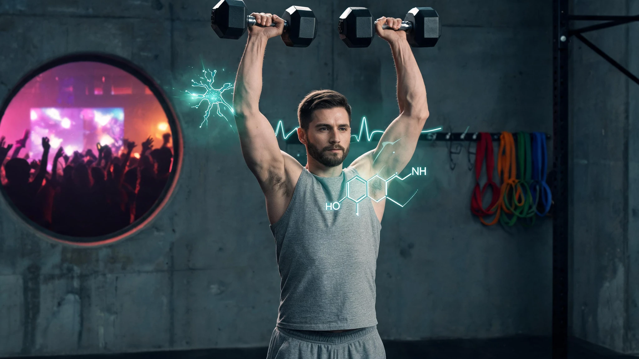 A lean Caucasian man in his late 20s with light olive skin, short dark brown hair, and a trimmed dark beard, wearing a heather-grey tank top and grey shorts, pressing two black hex dumbbells overhead inside a concrete-walled industrial gym. Behind him on the left, a circular framed view shows a blurred crowd of silhouetted club-goers under purple, magenta and orange stage lights, raised hands, suggesting a nightclub. On the right wall, a stack of looped resistance bands in red, orange, green, and blue hangs from hooks. Mirror the source post's stylized look with a dark cinematic palette, low-key chiaroscuro lighting, and faintly glowing scientific overlays floating around the figure: a translucent dopamine molecule diagram, a small neuron firing at the temple, and thin teal data lines hinting at a heart rate. Strip all text and watermarks. Centered composition that survives a 3:4 portrait crop, full upper body and arms in frame