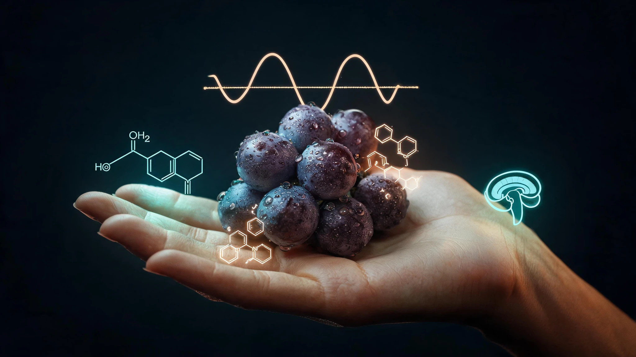 A close, cinematic still life of a cluster of dark purple Concord-style grapes resting on an open Caucasian palm, skin tone fair with a slight olive warmth, fingers relaxed, no jewelry. The grapes glisten with a dusty bloom, droplets of juice catching the light. Floating around the cluster are glowing scientific overlays: a translucent melatonin molecule diagram, a faint circadian-rhythm wave, a stylized pineal-gland icon, and a soft constellation of polyphenol ring structures, all in cool teal and pale amber neon. Strip any text overlays and watermarks. Centered composition that survives a 3:4 portrait crop, with negative space above the grapes for a possible headline