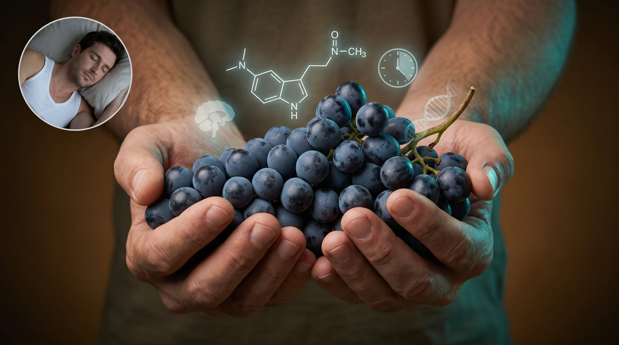 A pair of weathered Caucasian male hands with light olive skin and visible veins, mid-40s, cradling a heavy cluster of dark blue-purple Nebbiolo grapes with a soft natural bloom on the skins. The comp