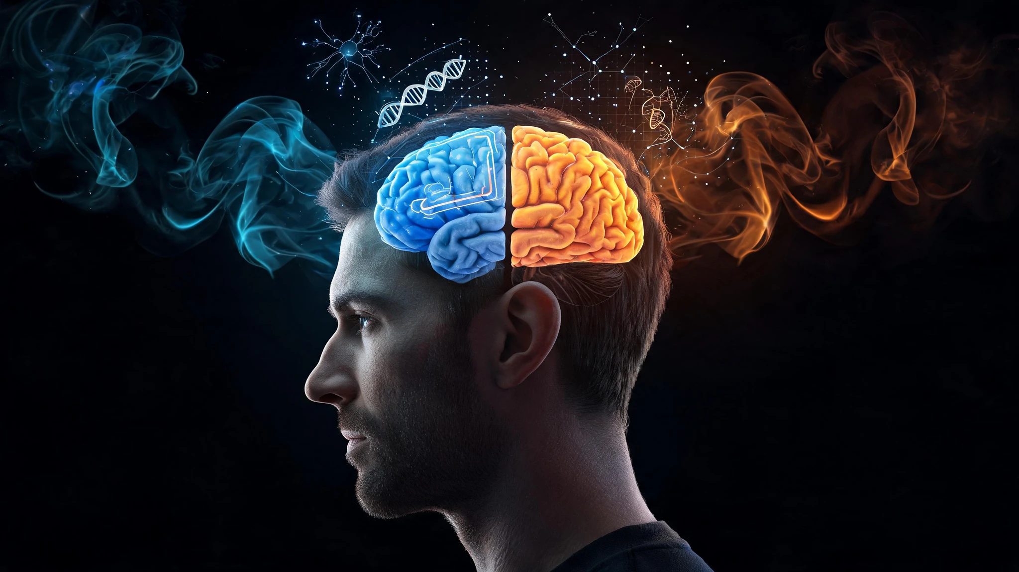 A side profile silhouette of a Caucasian man in his late 30s, clean-shaven, short dark brown hair, against a deep cosmic black background, with his head shown in cross-section revealing a glowing anatomical brain rendered in vivid orange and amber on the right hemisphere and cool electric blue on the left hemisphere. Ribbons of teal smoke and orange smoke curl symmetrically on either side, divided by a sharp central seam. Floating scientific overlays surround the brain: a transparent fMRI activation map highlighting the medial prefrontal cortex region behind the forehead, faint neuron diagrams with glowing blue synaptic dots, a subtle DNA helix, and a thin grid of light points suggesting neural connectivity. Strip any text overlays. Centered composition that survives a 3:4 portrait crop with the brain at the visual center