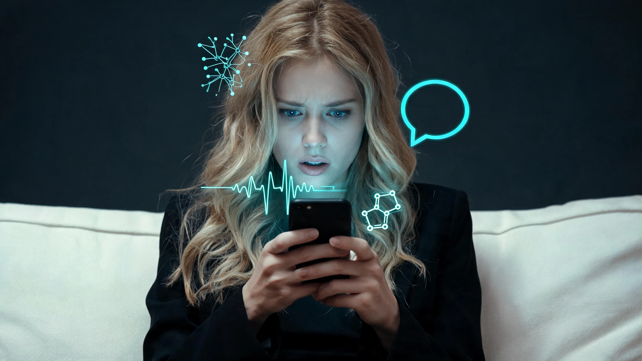 A young Caucasian woman in her late twenties with long, tousled blonde hair and pale skin, wearing a black blazer over a dark top, sitting on a cream-colored couch and staring at a black smartphone in her hands with a tense, slightly alarmed expression. Her bright blue eyes are fixed on the screen, mouth slightly open, conveying the moment a difficult text message lands. Around her, faint glowing scientific overlays float in the dark background: a soft teal speech-bubble icon, a subtle neuron-network diagram near her temple, a faint waveform line representing missing tone of voice, and a delicate molecular-structure ring near the phone. Strip any text, watermark, or banner from the source image, but keep the moody, cinematic studio look. Centered composition that survives a 3:4 portrait crop with the subject's face and phone in the safe zone