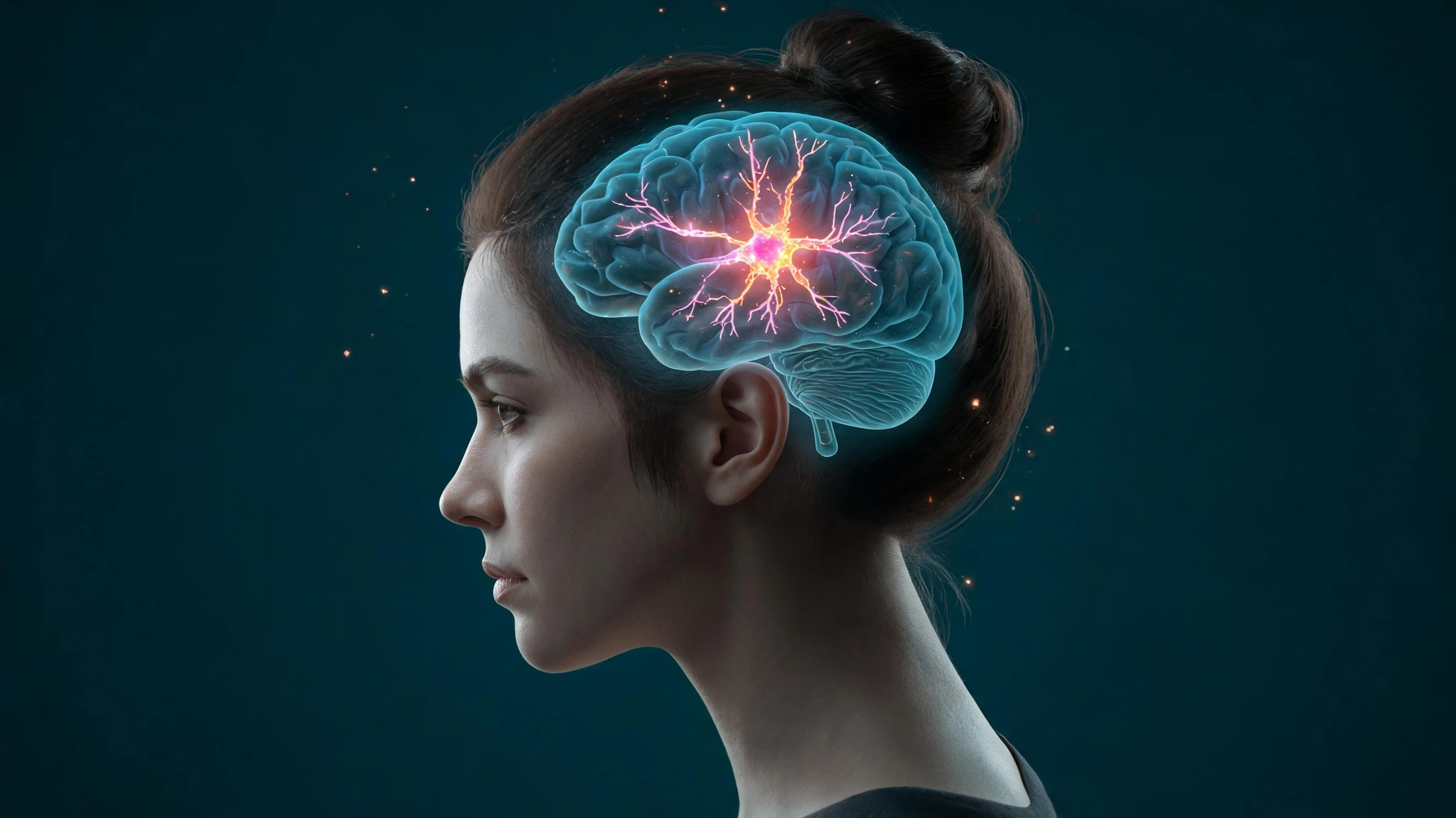 A clean side profile of a Caucasian woman in her early thirties with light skin and dark brown hair pulled back, head and shoulders visible against a deep teal background. Her brain is rendered as a translucent cyan glass form inside her skull, with a vivid magenta and orange neuron firing at the center, glowing dendrites branching outward like a starburst of electrical light. Soft particles of light drift around the head. No text overlays, no watermarks, no logos. Composition centered with the head positioned slightly left so a 3:4 portrait crop preserves the brain and neuron flare