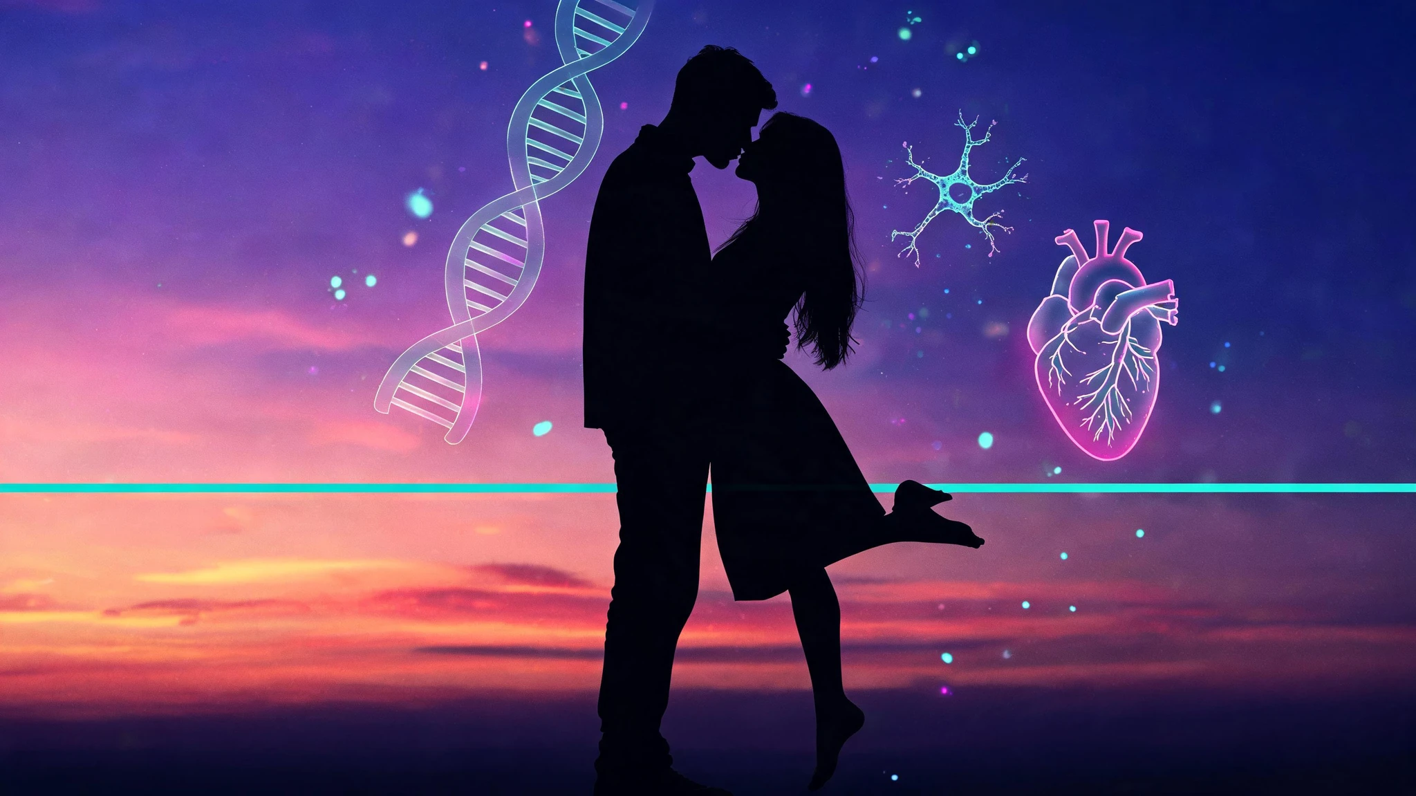 A young Caucasian heterosexual couple in their late twenties shown in full silhouette against a vivid sunset sky, the man slightly taller with short dark hair holding the woman who has long flowing dark hair, both leaning into a soft kiss, her bare feet lifted off the ground. The figures are rendered as solid black silhouettes so no skin tone or facial detail shows, but the surrounding sky shifts from deep magenta and amber at the horizon to violet and indigo overhead. Floating around them are faint glowing scientific overlays in cool teal and warm magenta: a translucent DNA double helix, a stylized human heart with branching vessels, a small neuron diagram, and soft glowing dots like cells drifting through the air. A thin teal underline separates the silhouettes from a clean lower band of darker sky. Centered composition with the couple slightly above the lower third so the image survives a 3:4 portrait crop