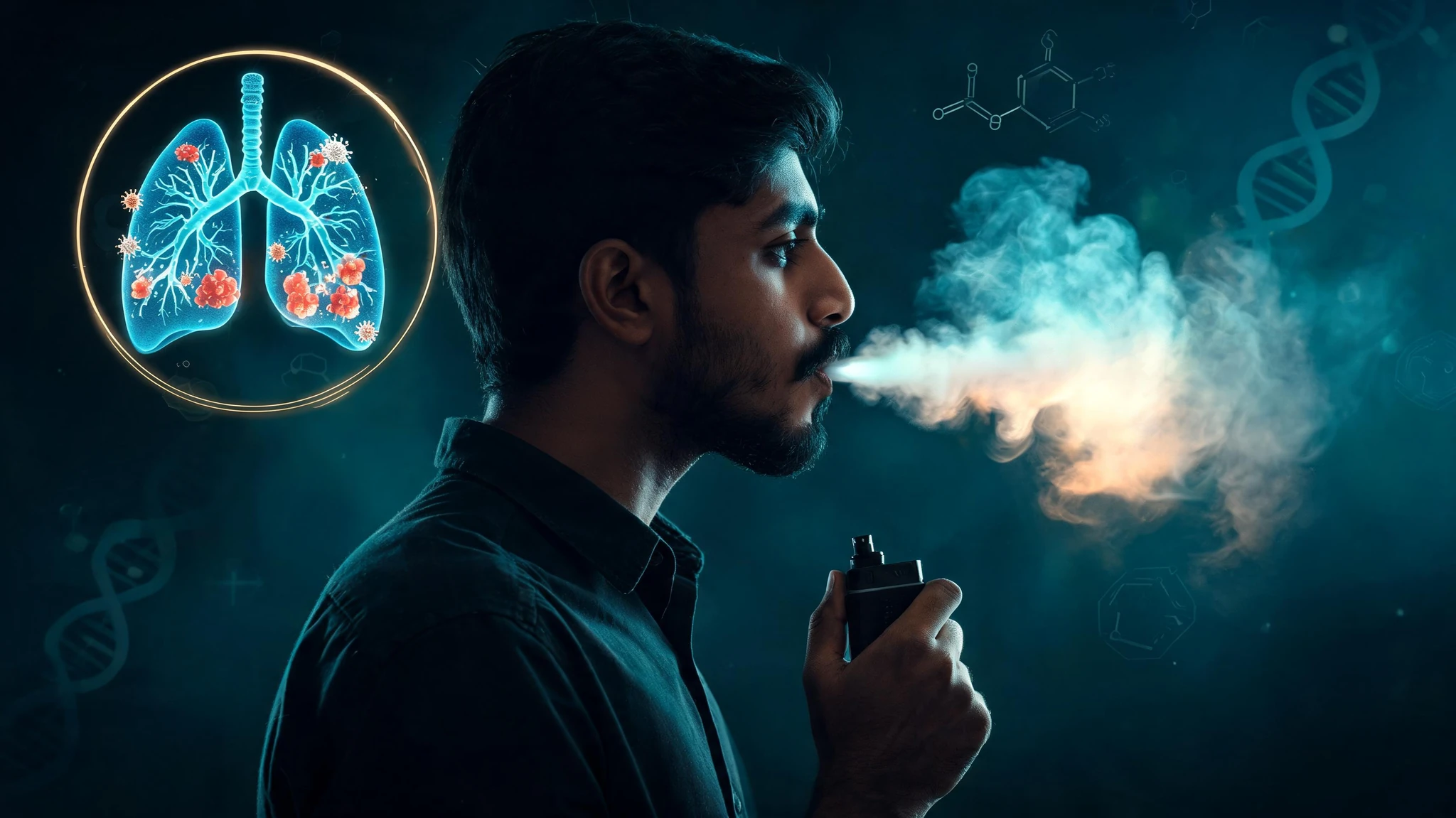 A South Asian man in his early twenties, medium-brown skin, short black hair, neat black mustache and trimmed beard, wearing a dark charcoal shirt, photographed in profile from the right side as he exhales a thick cloud of pale blue-white vapor from a small black box-mod e-cigarette held near his mouth. To his upper left, floating like a holographic medallion inside a thin gold ring, sits a glowing anatomical illustration of a pair of human lungs rendered in luminous cyan and electric blue, with bright red inflamed nodules and clusters of virus-like spike particles studded across the bronchial tree. The background is a deep teal-black studio void with faint scientific overlays: faint molecular diagrams of a diacetyl ketone, thin DNA helices, and small hexagonal cell icons drifting in the haze. Centered enough that a 3:4 portrait crop keeps both the subject's profile and the lung medallion in frame. No text, no watermarks, no logos