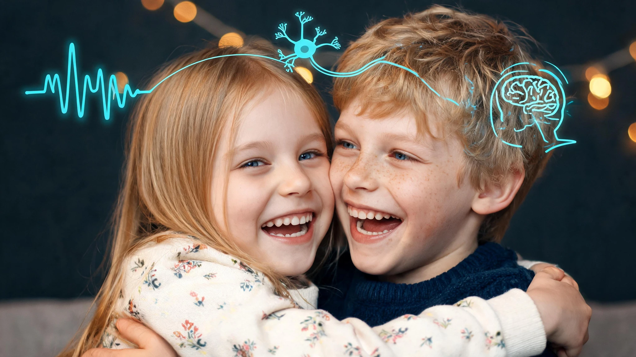 Two young Caucasian children, a girl about five years old with long honey-blonde hair, light skin and bright blue eyes wearing a cream floral-print sweater, and a boy about six years old with short tousled dirty-blonde hair, light skin, blue eyes and freckles wearing a navy crew-neck sweater, hugging cheek to cheek and laughing openly. They are framed in close portrait against a softly out-of-focus background of warm golden bokeh from string lights. Floating around them are faint, glowing teal-blue scientific overlays: a soft EEG waveform, a small line-drawn human-brain icon, and two stylized neuron diagrams with thin glowing connections. The composition is centered and tightly cropped to survive a 3:4 portrait crop, with no text overlays, no logos, and no watermarks