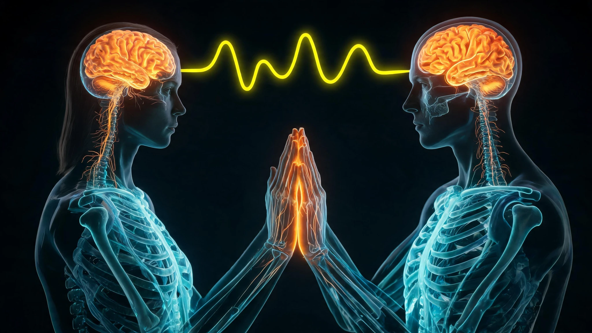 Two stylized translucent human figures shown from the chest up in mirrored profile, facing one another, depicted as glowing anatomical scans with visible cyan-blue ribcages, spines and shoulder bones. Each figure has a vivid amber-orange glowing brain inside a transparent skull, with delicate neural filaments tracing down the cervical spine. Their hands meet in the center of the frame, palms pressed together and fingers interlaced, rendered in the same warm amber glow. A bright neon yellow sine wave arcs between the two skulls in the upper third of the frame, signaling synchronized brain activity. Both figures read as Caucasian adults in their early thirties, the left one female with subtle softer jaw and hairline cues, the right one male with a slightly squarer jaw, both with neutral expressions. No clothing, no text, no watermark. Centered symmetrical composition that survives a 3:4 portrait crop