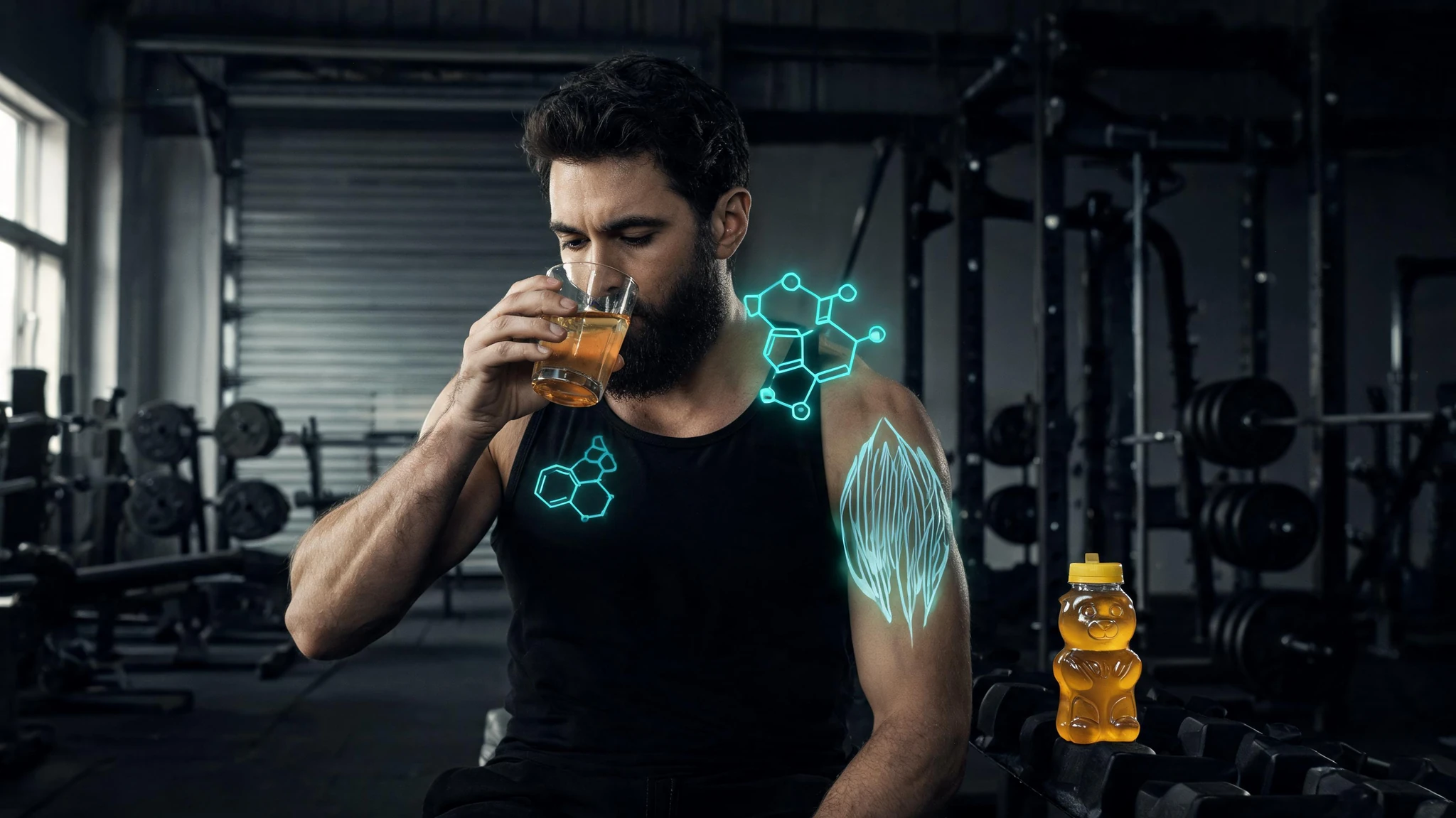 A Caucasian man in his early thirties with olive-toned skin, dark wavy hair cropped short, full dark beard, wearing a black athletic tank top, drinks pale-amber honey water from a clear glass inside an industrial gym with rolled garage doors and rack equipment in the background. A clear plastic honey-bear bottle with a yellow cap sits on a piece of gym equipment beside him. Around his torso and shoulders, faint glowing teal molecular diagrams hover (a fructose ring, a small honeycomb-cell motif, a stylized muscle-fiber bundle), rendered as semi-transparent neon overlays. Style is dark cinematic with one teal-cyan accent, monochrome industrial gym tones behind him, and a subtle vignette. Centered torso-up composition with headroom that survives a 3:4 portrait crop. Strip any text overlays, logos, and watermarks