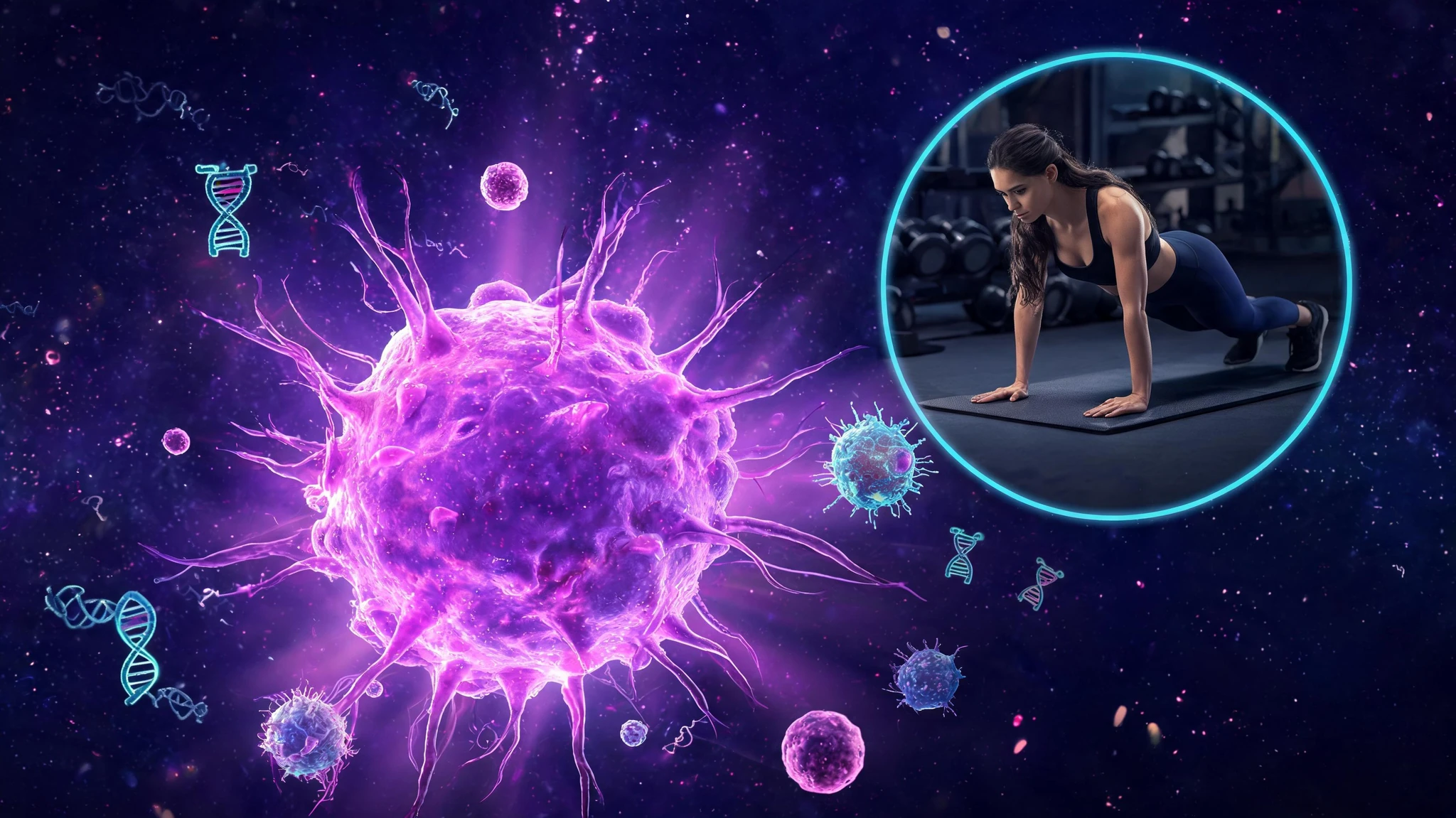 A glowing, oversized purple-magenta cancer cell rendered in stylized 3D occupies the left two-thirds of the frame, with tendril-like surface projections (filopodia) reaching outward against a deep cosmic dark-purple background scattered with glowing dust particles and faint floating molecular structures. In the upper-right corner, set inside a clean circular vignette with a thin neon-cyan rim, a candid photo of a fit Latina woman in her late twenties with long dark wavy hair tied back, light olive skin, wearing a black sports bra and dark navy leggings, mid-pushup on a black gym mat in a dimly lit weight-room. Glowing teal and magenta scientific overlays float around the cell: tiny DNA helices, a stylized natural killer cell icon, faint orbiting smaller virus-like spheres, and soft light rays radiating from behind the main cell. Strip all text overlays. Centered, hero composition that survives a 3:4 portrait crop with the cell roughly centered