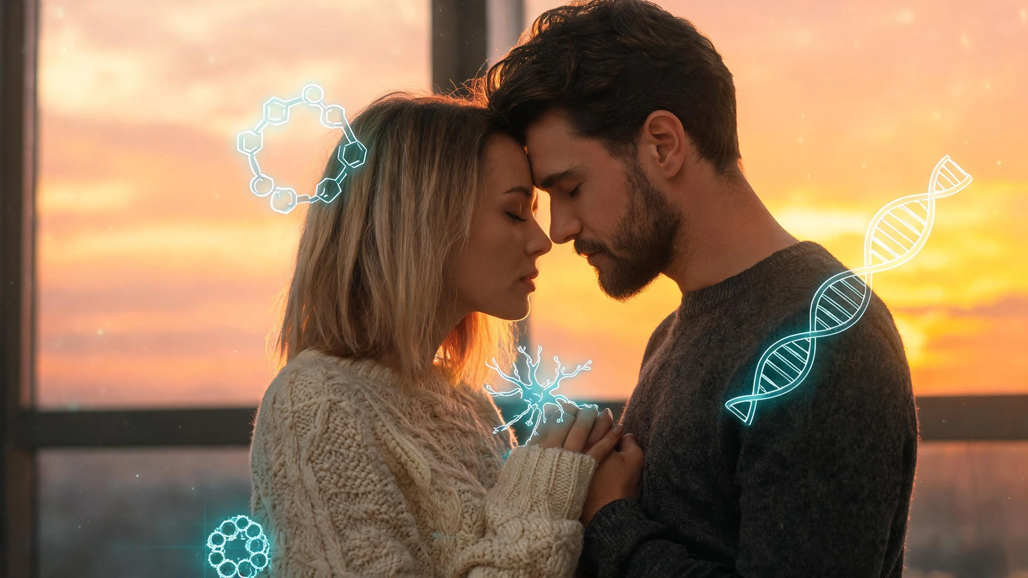 A Caucasian heterosexual couple in their late twenties to early thirties share a tender close embrace in front of a tall window backlit by a glowing amber sunset. Their foreheads almost touch and their lips are a breath apart, eyes softly closed. The woman has shoulder-length light blonde hair, fair skin, and wears a cream chunky cable-knit sweater; she is around 28 years old. The man has short dark brown wavy hair, a short dark beard, fair skin with a warm tan, and wears a charcoal wool sweater; he is around 30 years old. Faint glowing scientific overlays float around them in cool teal and soft blue: a translucent oxytocin peptide-ring molecule near the woman's temple, a thin DNA helix curling along the man's shoulder, a small luminous neuron diagram by their joined hands, and a delicate immune-cell rosette near the bottom edge. No text, no watermarks. Centered composition framed in the lower two thirds so it survives a 3:4 portrait crop