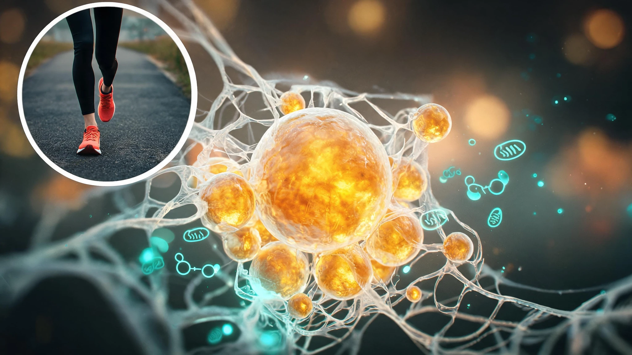 A close-up macro composition of glowing amber-gold spherical fat cells suspended in a translucent white connective-tissue mesh, clustered against a softly blurred warm bokeh background. In the upper left, a small circular inset shows a Caucasian woman's lower legs in mid-stride, fair skin, light athletic black leggings, bright orange-red running shoes, captured on an asphalt path. The main subject is the largest amber adipocyte sphere, glossy and lit from within, surrounded by smaller orbs and faint floating molecular icons (triglyceride backbones, mitochondrial silhouettes, glowing ATP markers) drifting around it in a thin teal accent. Strip all text overlays and watermarks but keep the dramatic cinematic style. Centered subject that survives a 3:4 portrait crop with safe headroom and footroom