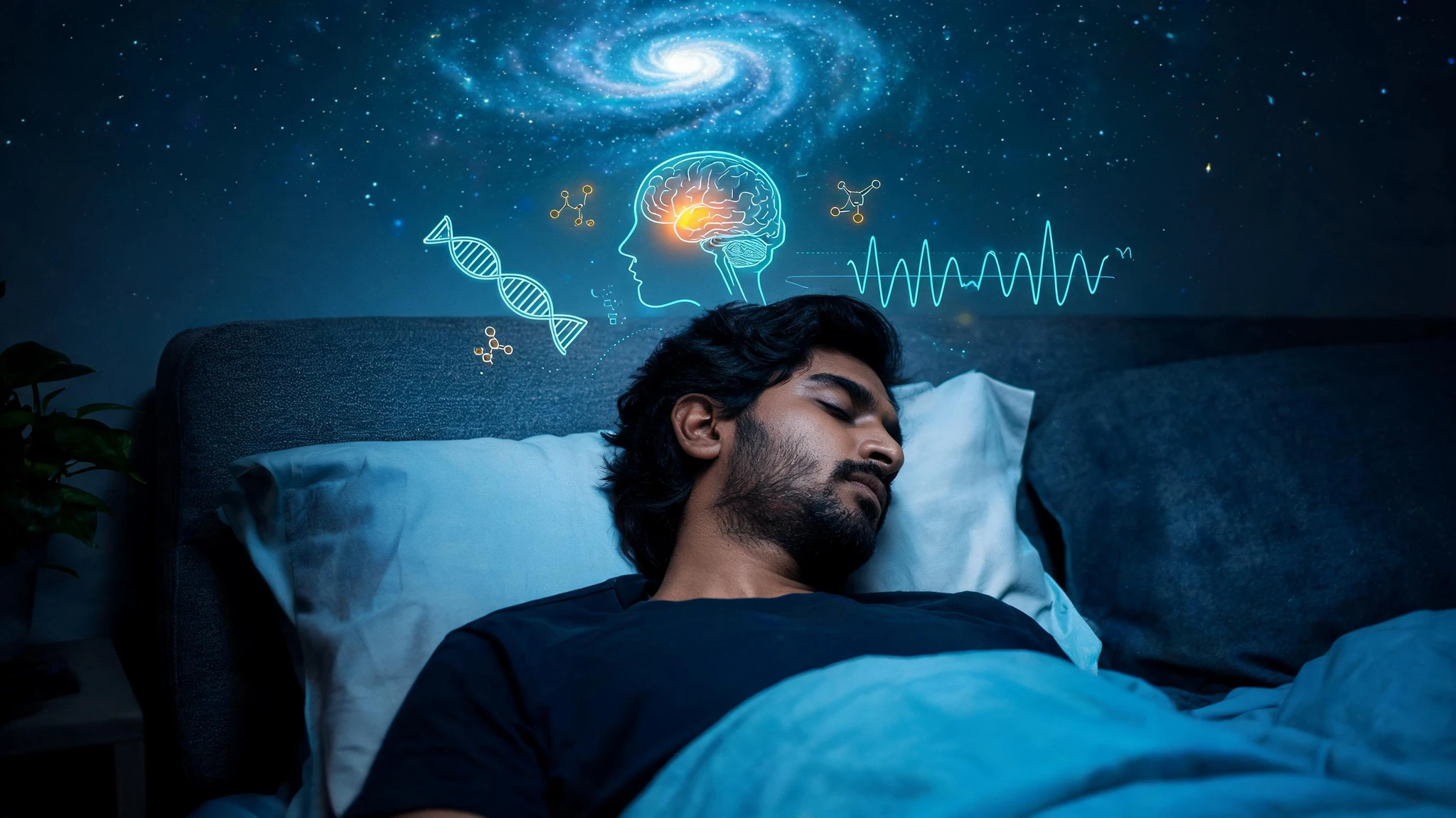 A South Asian man in his late twenties with medium-brown skin, a short dark beard and moustache, dark wavy shoulder-length hair, wearing a plain dark navy crewneck t-shirt, lying on his back asleep on a grey upholstered bed with light blue and white pillows and a soft blue duvet. His head is turned slightly to the right, eyes closed, expression calm. A faint dome of stars and a galaxy spiral is projected onto the ceiling above him in cool teal-blue, as if from a star projector. Floating around his head are translucent glowing scientific overlays in cyan and amber: a side-profile diagram of a human brain with the amygdala highlighted, a small DNA helix, a faint waveform suggesting slow-wave EEG, and a few delicate molecular icons. A potted leafy plant is just visible on the bedside table at the far left. Strip away any text overlays and watermarks. Centered, head and upper torso framed for a 3:4 portrait crop