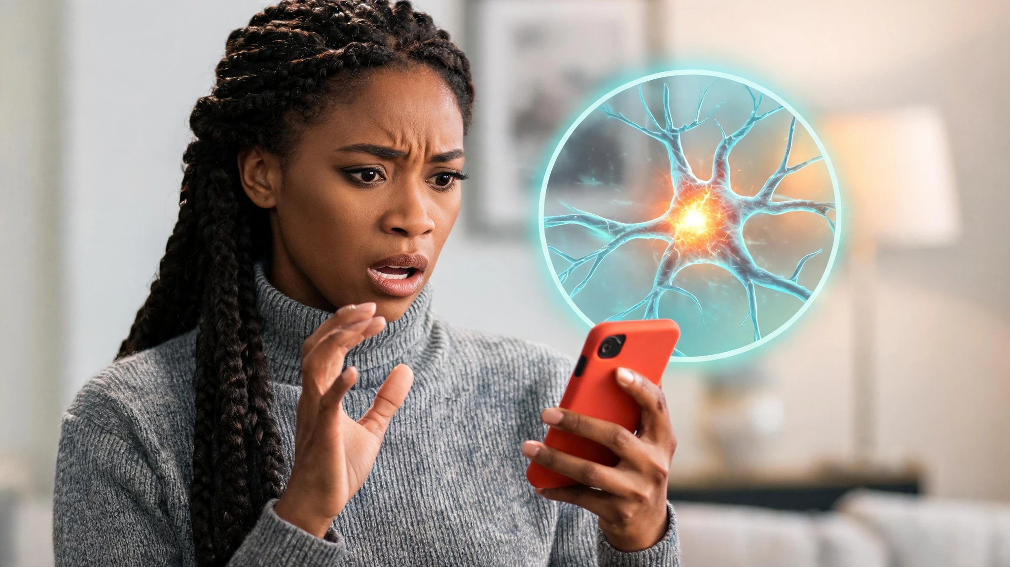 A 30-something Black woman with light brown skin, long dark braided hair pulled to one side, wearing a heather-grey ribbed turtleneck sweater, captured mid-reaction with her mouth open in a shocked or frustrated expression and one hand gesturing near her chin while the other holds up a smartphone with a bright orange-red case. To the right of her face, a large circular inset shows a stylized scientific illustration of a glowing neuron or synapse, rendered in cool teal-blue with a hot orange-amber core, suggesting nerve firing. Soft modern living-room interior blurred behind her with a pale wall, a hint of a framed picture and a lamp. Centered composition with subject on the left and the science-overlay circle on the right, framing safe for a 3:4 portrait crop. Strip all text, logos, and watermarks