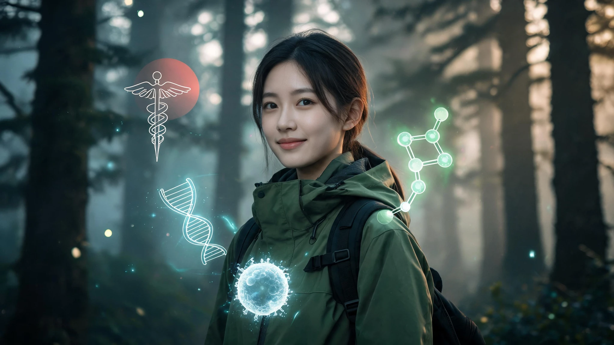 Cinematic three-quarter portrait of a young East Asian woman, around 25, with straight dark hair pulled back in a loose ponytail, fair skin, gentle smile, wearing an olive-green technical raincoat with a backpack strap visible at her shoulder, standing in a misty Japanese cedar forest at golden hour. Around her, glowing translucent scientific overlays float in the air: a faint DNA helix, a softly glowing molecular structure labeled phytoncide, a pulsing icon of a natural killer cell, and a small caduceus medical symbol with a Japanese hinomaru sun motif behind it. Background bokeh of dark green conifer trunks fades into shadow. No text, no watermarks, no flags or text labels in the final image. Composition centered on her face and upper body so a 3:4 portrait crop still reads
