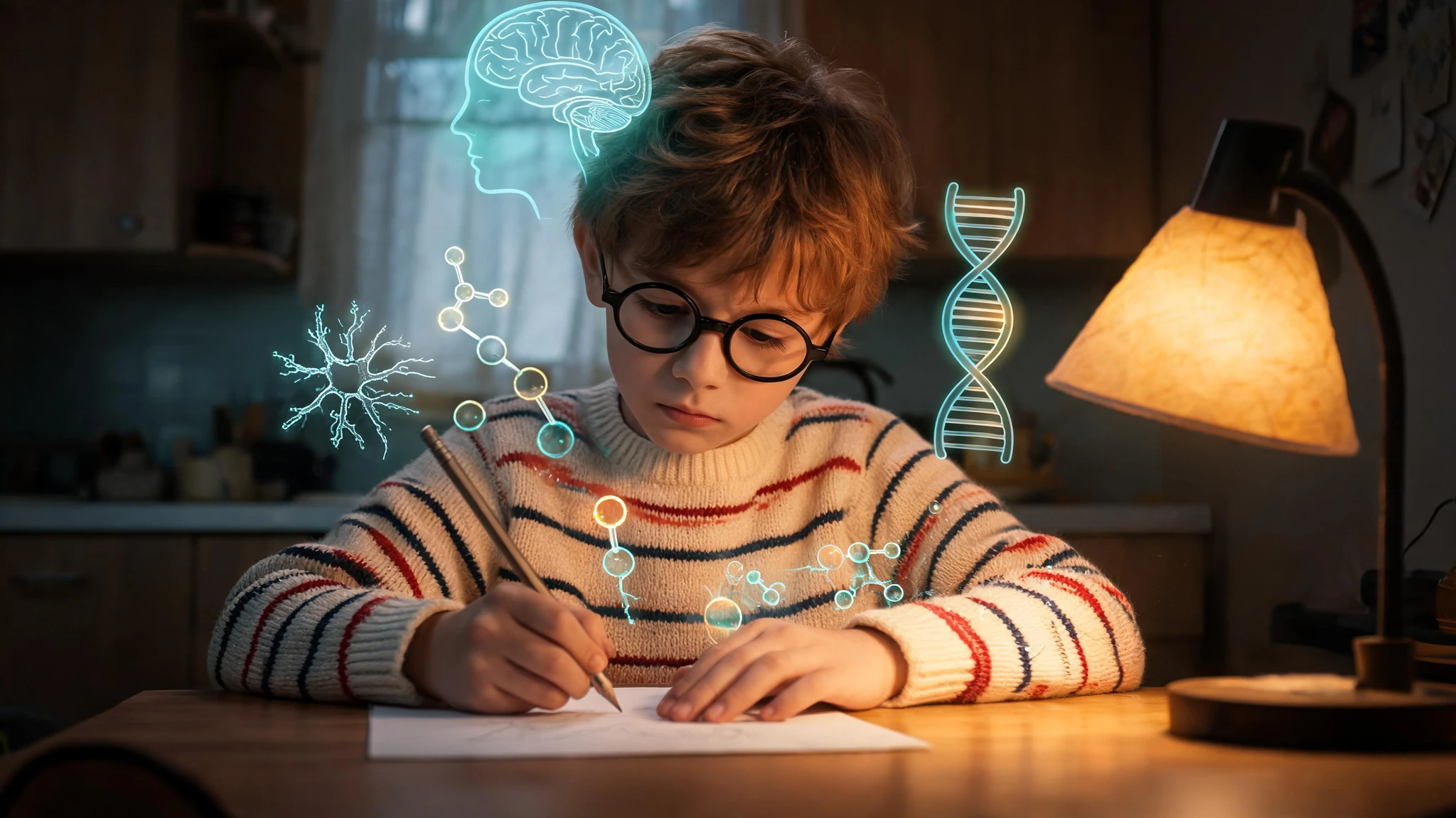 A Caucasian boy around 8 years old with light brown tousled hair, fair skin, and round black-rimmed glasses, wearing a cream knitted sweater with thin red and navy stripes, sitting at a wooden desk drawing with a pencil. He is leaning forward, focused, in a softly lit kitchen-study corner with a warm desk lamp on the right. Floating around him are glowing scientific overlays in cool teal and warm amber: a translucent neuron diagram, a strand of DNA, a stylized brain icon, and small molecular structures suggesting food compounds and neurotransmitters. The composition is centered on the child's face and hands so a 3:4 portrait crop still works. No text or watermark in the frame