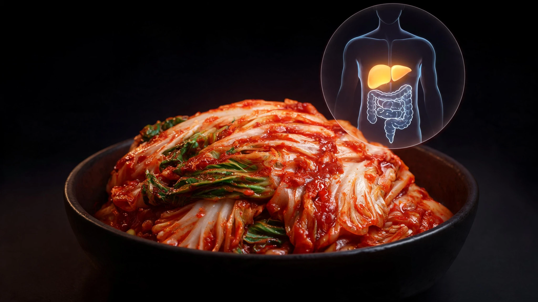 A close, top-down hero shot of red Korean napa cabbage kimchi glistening with chili paste and visible green leaf edges, filling most of the frame in a dark ceramic bowl. Floating in the upper right corner is a circular cinematic medical overlay showing a translucent human torso with a glowing amber liver and pale blue intestines, rendered as a clinical anatomical illustration with soft neon outlines. The composition is centered enough to survive a 3:4 portrait crop, with the kimchi anchoring the bottom two-thirds and the anatomical overlay reading clearly even when cropped tighter. No people, no text, no logos