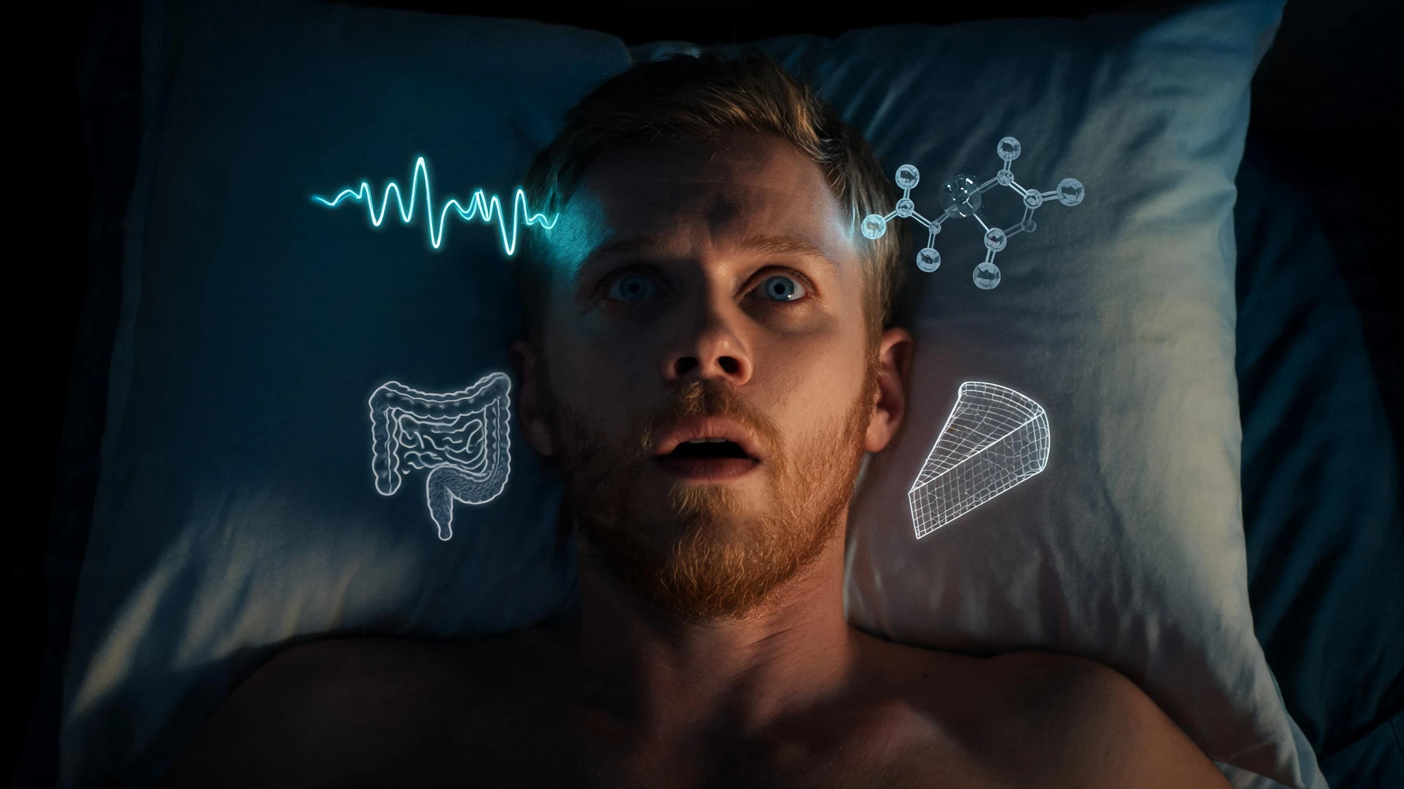 A Caucasian man in his early 30s with short dark-blond hair, a short ginger-blond beard, fair skin, and a bare upper chest, lying on his back on a white pillow in a dimly lit bedroom at night. His blue eyes are wide open and his mouth is slightly parted in a startled, wide-awake expression as if he just snapped out of a nightmare. Floating around his head are translucent glowing scientific overlays: a soft cyan REM brainwave trace, a faint molecular structure resembling tryptamine, a glowing cross-section of the gut, and a small wedge of cheese rendered as a wireframe icon. The pillow and dark sheets fade into deep shadow. No text, no logos, no watermarks. Centered head-and-shoulders composition that survives a 3:4 portrait crop
