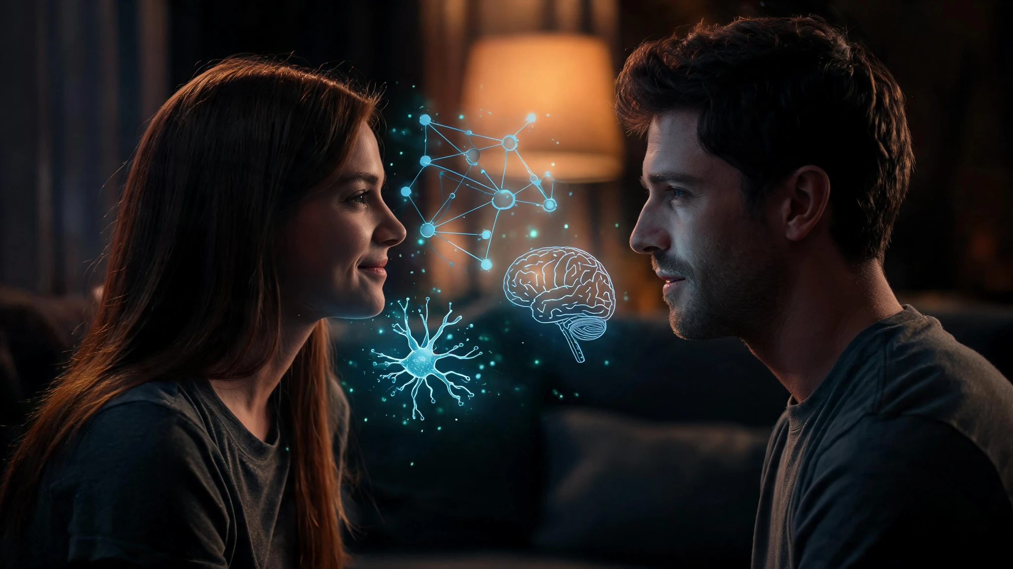 A young Caucasian heterosexual couple in their late twenties facing each other in close conversation in a dimly lit warm-toned living room, the woman on the left in profile with long straight chestnut-brown hair and a gentle smile, wearing a charcoal grey crewneck t-shirt, the man on the right in three-quarter profile with short dark brown wavy hair, light stubble, fair skin, wearing a dark grey t-shirt. Soft amber lamplight glows behind them. Floating between their faces are glowing pale-blue scientific overlays: a translucent neural network diagram, a luminous neuron with branching dendrites, a small wireframe brain icon, and faint particles of teal light suggesting synaptic activity. Strip all text and watermarks. Centered composition with both faces equally weighted, framing safe for a 3:4 portrait crop