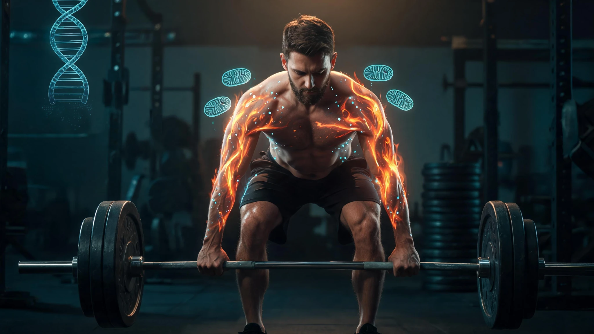 A Caucasian man in his late 30s with short dark brown hair, a trimmed dark beard, fair-to-medium skin tone, and a lean muscular build, shirtless in dark athletic shorts, gripping a heavy loaded barbell in a deadlift starting position inside a dimly lit industrial gym. His torso and arms are wreathed in stylized orange and red flame graphics that suggest cellular energy and mitochondrial heat. Floating around him are subtle glowing scientific overlays in cool blue and teal: a faint DNA double helix in the upper corner, translucent mitochondrion shapes near his shoulders, and small molecular dots tracing his arms. The background shows blurred squat racks and weight plates in cool teal shadows with one warm amber rim light from above