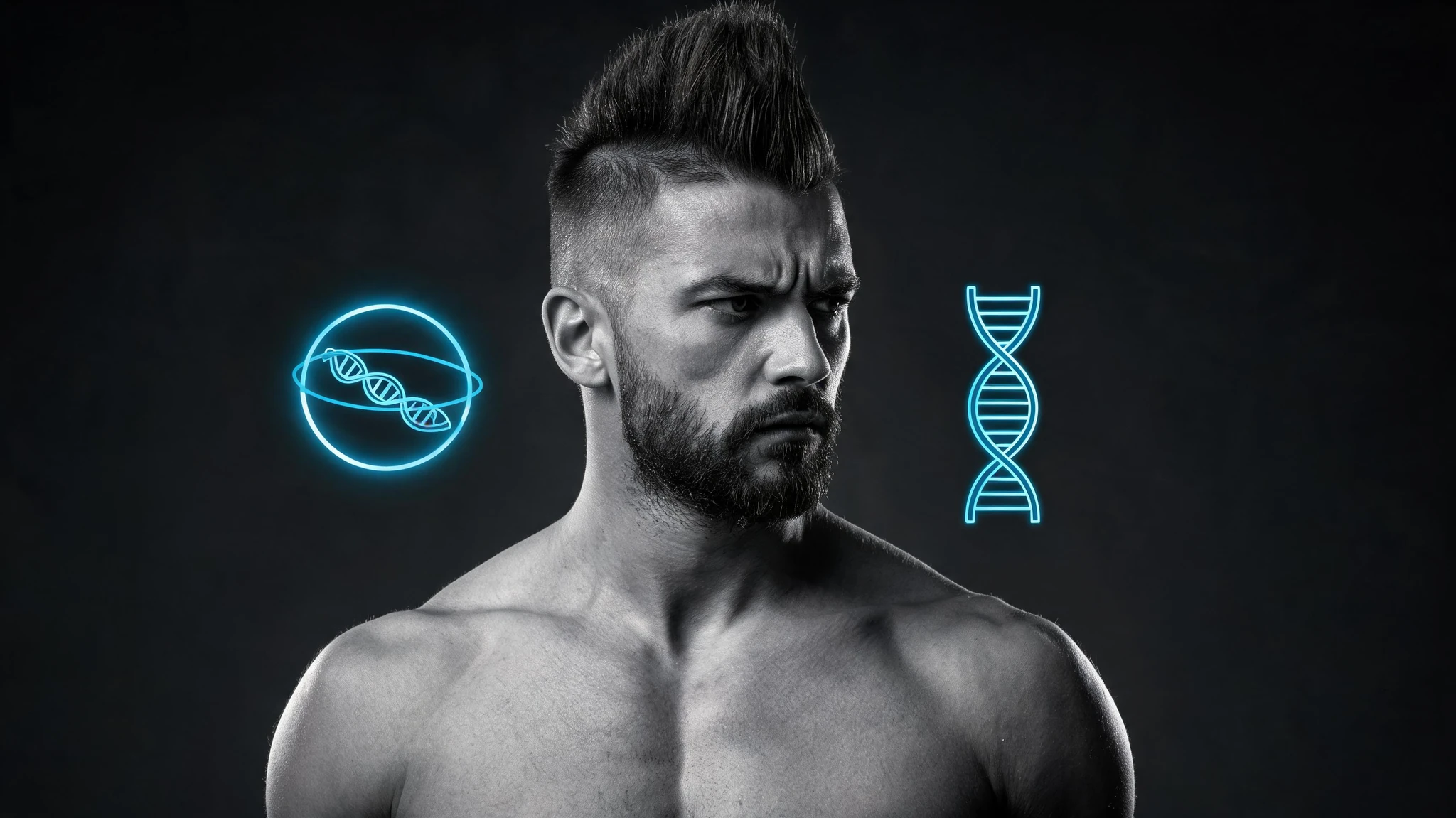 A muscular Caucasian man in his early thirties, fair skin with a slight tan, dark brown hair styled in a tall mohawk shaved on the sides, full dark beard trimmed close, intense serious side glance with furrowed brow, bare chest and shoulders showing developed pectorals and deltoids, no clothing visible above frame edge. To his left, a glowing neon blue DNA double helix floats vertically; to his right, a glowing molecular ring diagram with a smaller helix inside hovers like a hologram. Rendered in high-contrast monochrome black and grey with a single electric blue accent on the overlays. No text overlays, no watermarks, centered composition that survives a 3:4 portrait crop
