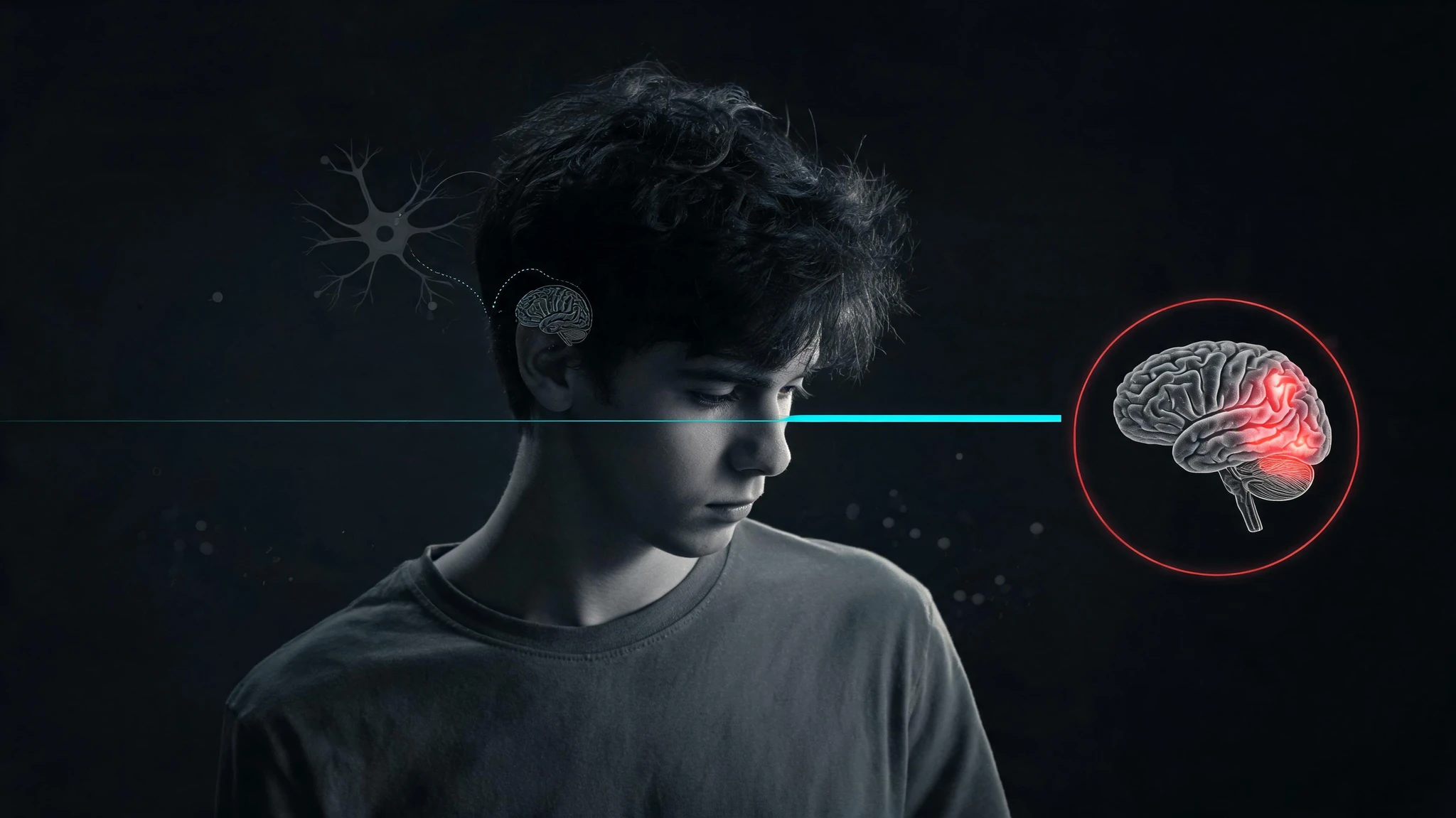 Centered cinematic portrait of a slim Caucasian young adult in their early twenties, pale skin, dark short tousled hair, neutral grey shirt, head turned slightly down and to the side with a quiet, withdrawn expression. To one side, separated by a thin horizontal teal line, floats an anatomical illustration of a human brain inside a thin red-outlined circle, with glowing red highlights along the temporal and parietal regions suggesting affected areas. Add subtle scientific overlays in the background: a faint neuron diagram, a small brain icon connected by a hairline arc to the figure's head, and barely visible molecular dots. Strip all text, watermarks, and headline overlays from the source. Keep a heavy charcoal-black backdrop with low-key lighting and one neon teal accent line