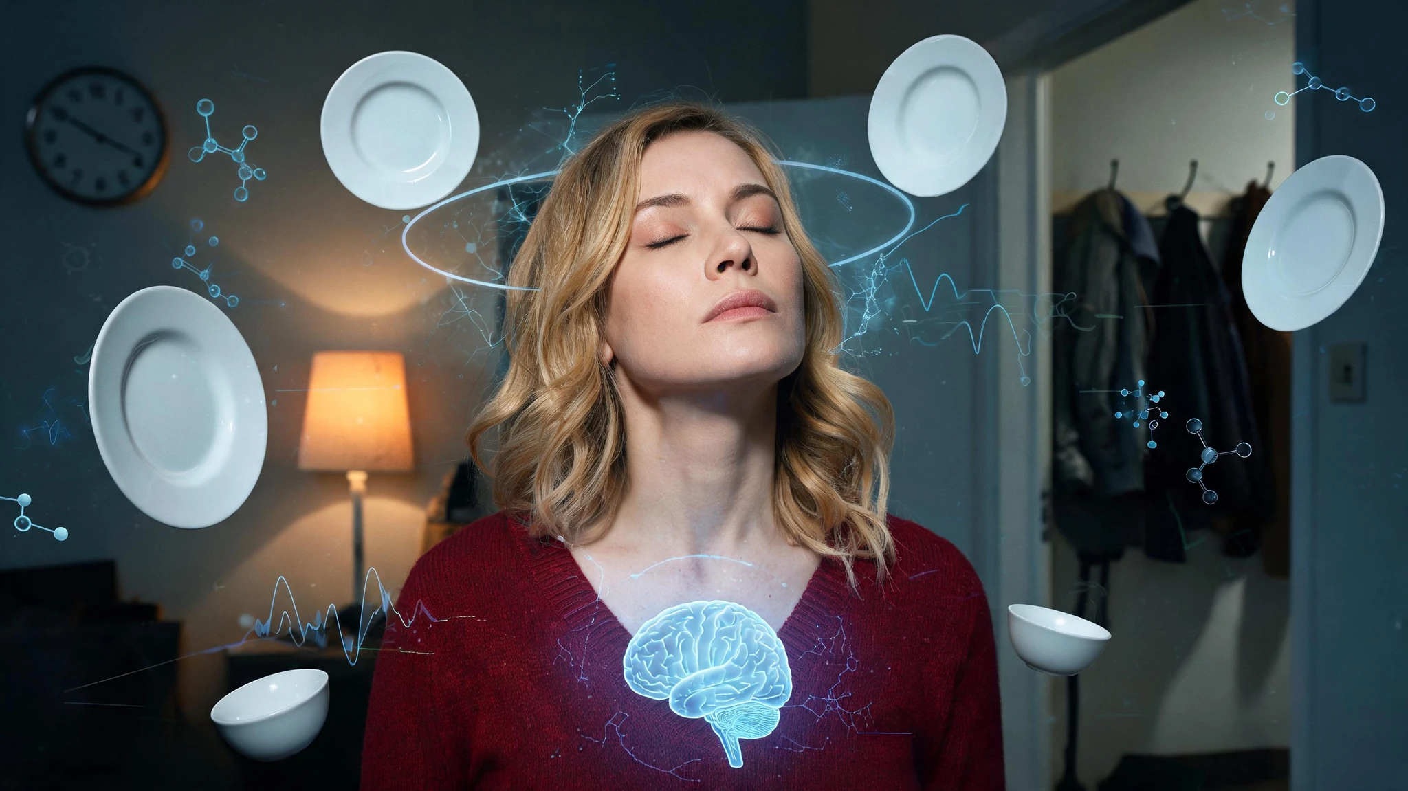 A Caucasian woman in her late twenties to early thirties with shoulder-length wavy honey-blonde hair, fair skin, and a soft natural complexion, wearing a deep red knit V-neck sweater. Her eyes are closed and her face is tilted slightly upward in a quiet, contemplative expression as if surrendering to overwhelm. Around her head, white ceramic dinner plates and bowls float in a slow elliptical orbit, suspended mid-air. Floating science overlays drift around her: a translucent blue glowing brain icon at sternum height, a thin neural-network diagram, faint molecular structures, and soft scientific data lines tracing across the frame. Background is a dim, slightly cluttered domestic interior, an open doorway with hanging coats on the right, a wall clock on the left, and a warm bedside lamp glowing low behind her. Centered composition that survives a 3:4 portrait crop, no text, no watermarks