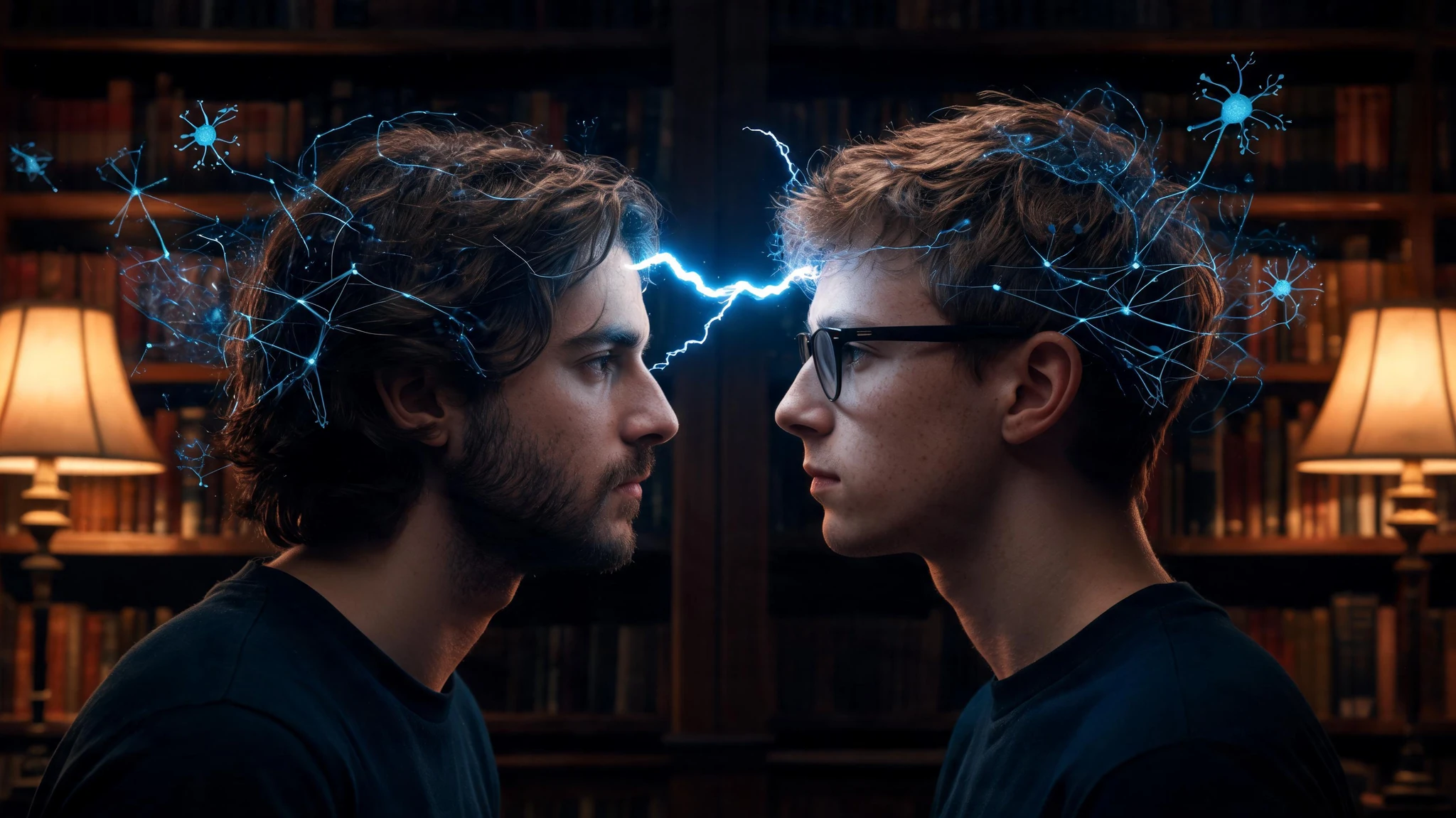 Two young Caucasian men in their early twenties facing each other in profile inside a warmly lit private library, bookshelves stretching into shadow behind them. The man on the left has shoulder-length wavy dark brown hair, a short beard, fair skin, wearing a plain dark navy crew neck shirt. The man on the right has short tousled light brown hair, fair skin with subtle freckles, black rectangular glasses, wearing a matching dark navy shirt. A bright electric-blue arc of lightning and glittering particles connects their foreheads at eye level, with faint glowing neural-network filaments and small floating neuron diagrams drifting around their heads. Two warm amber library lamps glow on either side. No text, no watermarks, centered symmetrical composition that survives a 3:4 portrait crop