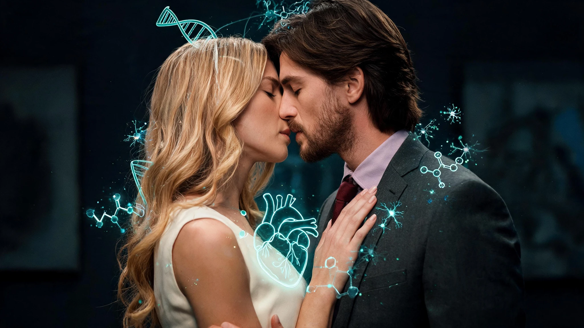A close-up of a Caucasian heterosexual couple in their early thirties sharing a tender, lingering kiss in a softly lit gallery setting. The woman has long, sun-kissed wavy blonde hair, fair skin, light makeup, and is wearing an elegant cream sleeveless dress. The man has medium length dark brown hair, a short groomed brown beard, fair skin, and is wearing a charcoal gray suit jacket over a pale lilac shirt and burgundy tie. The background fades into a moody dark cinematic palette with deep navy and black tones, and floating semi-transparent neon-teal scientific overlays drifting around the couple: glowing DNA helix strands, a soft heart-anatomy diagram, neuron sparks, and faint molecular structures suggesting oxytocin and IL-6. Centered, intimate, gallery-portrait composition that survives a 3:4 portrait crop. No text, no watermark