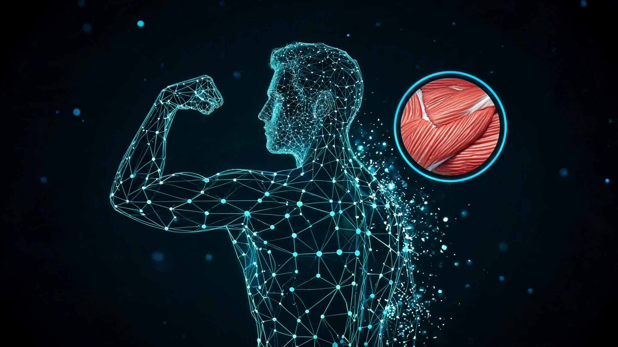 A side-profile silhouette of a Caucasian adult male, roughly 35 to 45 years old, light skin tone, rendered as a glowing wireframe digital avatar in cyan and electric teal, raising his left arm in a flexed bicep pose. The figure is built from luminous polygons and connected nodes that scatter into floating particles around the shoulder and back. Beside him, a circular inset shows a hyper-detailed cross section of red skeletal muscle fibers with visible striations, ringed by a thin neon blue border. The background is deep matte black with sparse blue particle bokeh. Strip out any text overlays, watermarks, or banner captions while keeping the cinematic teal-on-black palette and the glowing scientific overlay aesthetic