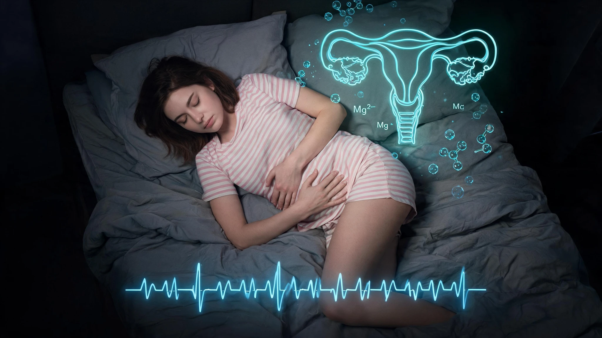 A young Caucasian woman in her mid twenties, fair skin with a slight pink undertone, dark brown shoulder length hair, eyes closed, lying curled on her side on a low bed, wearing a soft pink and white striped short pajama set, both hands pressed gently to her lower abdomen as if cradling a cramp. The bedding is rumpled grey linen. To her upper right, floating in mid air, a glowing translucent diagram of the female reproductive system is rendered as fine neon teal line art, with small molecular structures of magnesium ions and prostaglandin molecules drifting around her like soft particles. A faint blue waveform of a uterine muscle contraction crosses the lower third of the frame. No text overlays, no watermarks, no logos. Centered composition that survives a 3:4 portrait crop, subject and key overlays kept inside the central vertical band