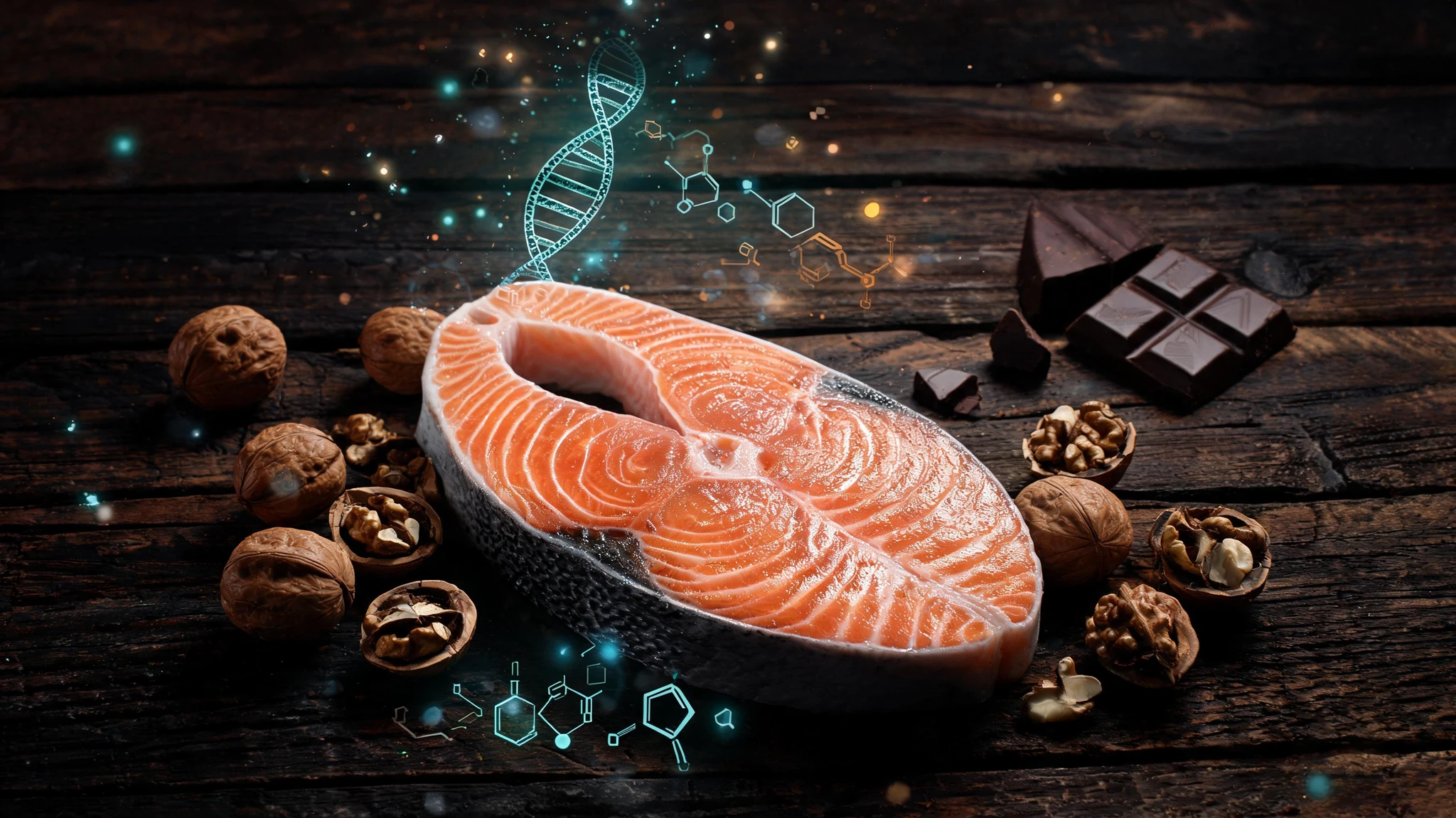 A dramatic overhead shot of a thick, glistening fresh salmon steak as the central hero on a dark, weathered wood surface, surrounded by scattered whole and cracked walnuts and a partially broken bar of dark chocolate in the upper right. Floating around the food are subtle glowing scientific overlays in cool teal and soft amber: a faint DNA double helix curling above the salmon, small hexagonal molecular structures, and tiny luminous methylation marker icons drifting like motes of light. No people in frame, no text, no watermarks. Centered composition that reads cleanly inside a 3:4 portrait crop, with the salmon dominating the lower two thirds and overlays filling the upper third
