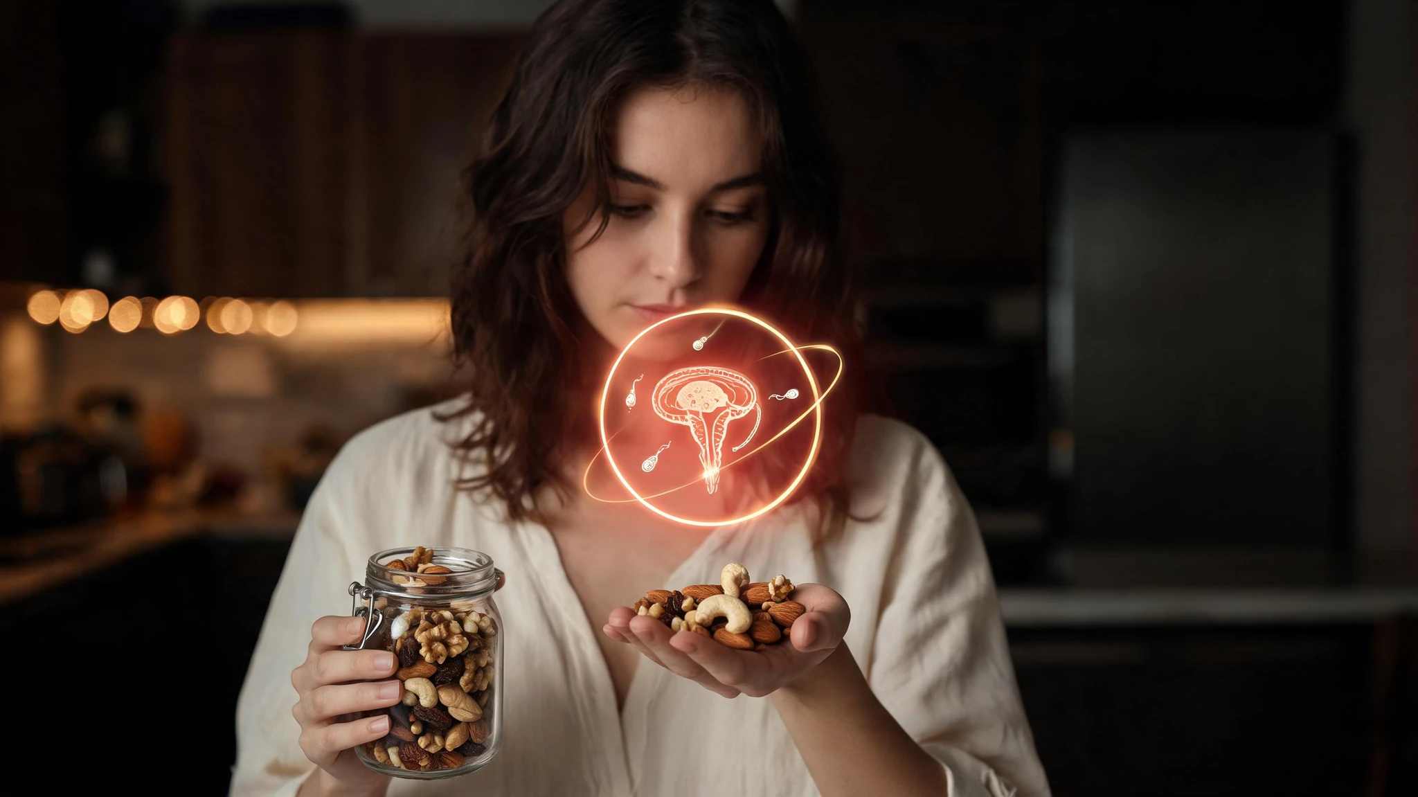 A close-up centered composition of a Caucasian woman in her late twenties with light-olive skin and dark brown hair, wearing a simple cream linen blouse, holding a small open glass jar of mixed nuts and dried fruit in one hand and a loose handful of almonds, cashews, walnuts, and raisins in the other. Floating above her cupped hands is a glowing circular scientific overlay showing a stylized cross-section of a uterus or ovum with three illustrated spermatozoa swimming toward it, rendered in warm amber and deep red with a soft inner glow. The background is a softly blurred warm kitchen interior in dark cinematic tones. Strip any text or watermarks from the source image but mirror its dramatic style