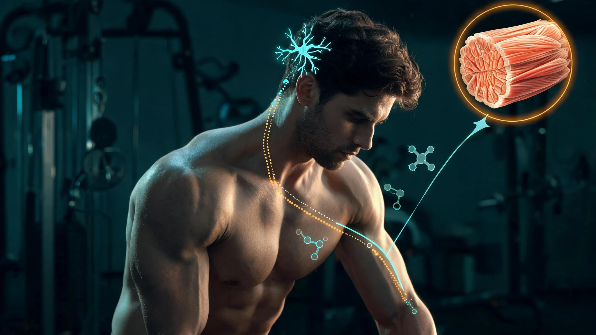 A lean, athletic Caucasian man in his late twenties with short, wavy dark brown hair, fair olive-toned skin, a defined chiseled jawline, and visible stubble. He is shirtless, captured in a contemplative side-profile pose with his torso leaning forward, showing well-developed shoulder, chest, and arm musculature with sharp definition lit from a single warm rim light against a deep gym backdrop with cable-machine equipment blurred behind him. To the upper right, a glowing circular inset shows a stylized scientific cross-section of skeletal muscle fibers in vivid orange and amber tones, like a microscope slide of striated tissue. Floating around the figure are subtle holographic overlays in cool teal and warm amber tones: a glowing neuron firing toward the bicep, a dotted line tracing motor-unit recruitment from brain to muscle, and faint molecular structures suggesting protein synthesis. Strip all text overlays, watermarks, and logos