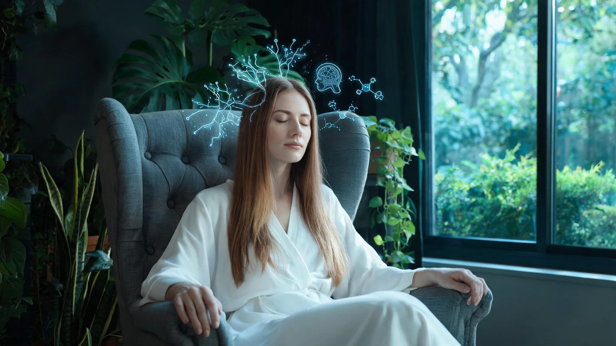 A Caucasian woman in her late 20s with long straight light brown hair, fair skin, wearing a soft white robe, seated in a grey wing-back armchair beside a wide window opening onto a green garden. Her eyes are closed and her posture is calm and upright, hands resting loosely. Behind her a large monstera plant and other indoor greenery frame the scene. Render in a stylized cinematic palette with low-key chiaroscuro lighting, the natural daylight from the window cooled toward a teal accent, and faint glowing scientific overlays floating around her head: thin neuron diagrams, soft brain-region icons, and small molecular structures suggesting cognition and behavior. No text overlays, no watermarks. Centered composition that survives a 3:4 portrait crop