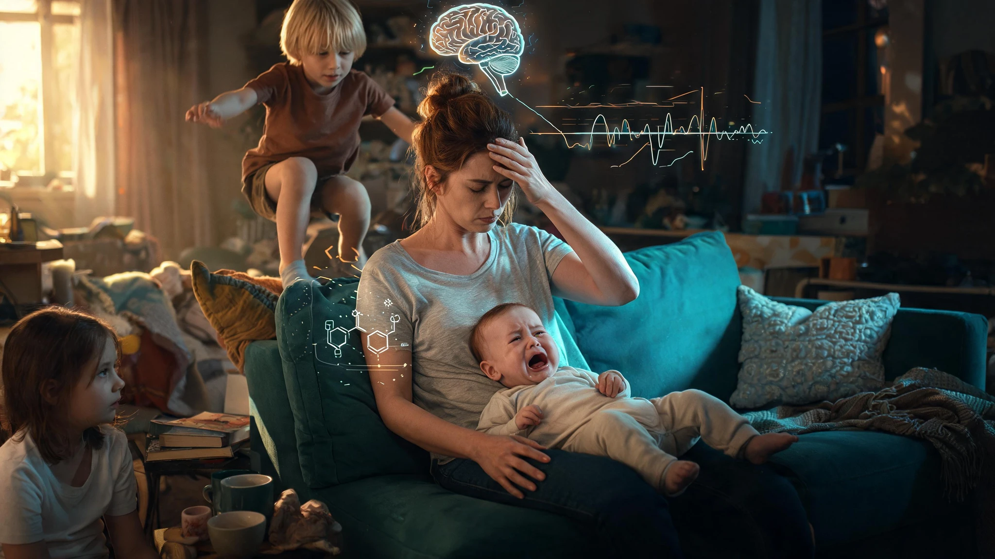 A young white Caucasian mother in her early thirties with chestnut-brown hair pulled into a messy bun, wearing a soft grey t-shirt, slumped on a teal velvet sofa in a cluttered American living room. One hand is pressed to her forehead, eyes closed, jaw tense. A crying Caucasian baby in beige pajamas sits in her lap, mouth open. A blond Caucasian boy around age six in a brown t-shirt is mid-jump on the sofa behind her, and a brown-haired Caucasian girl about age seven in a white shirt sits on the floor beside her, watching. Around the family float glowing translucent neuroscience overlays in soft cyan and amber neon: a glowing brain icon over the mother's head, faint cortisol molecule diagrams, a thin EEG waveform, and floating data lines reading abstract stress metrics. Strip any text overlays or watermarks. Centered composition that survives a 3:4 portrait crop