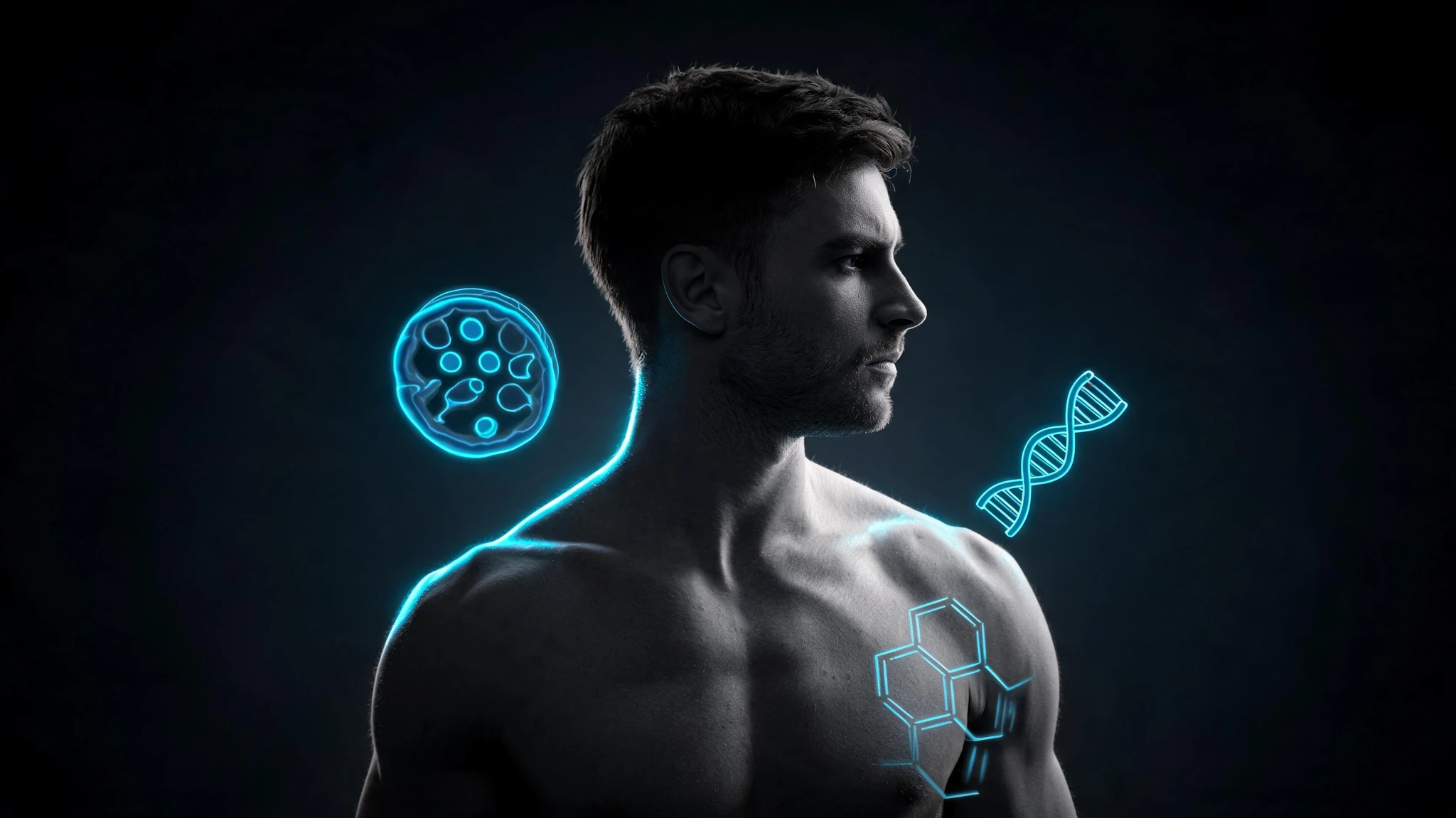 A shirtless Caucasian man in his late twenties with short dark brown hair and a lean, athletic build, photographed from the chest up in a side profile, gazing off to the left with a focused expression. Moody low-key lighting against a plain dark wall, soft cool tones on the skin, centered composition with breathing room around the subject. Photorealistic, homemade snapshot aesthetic, shot on a phone camera with slight natural framing imperfection, no studio setup, survives a 3:4 portrait crop. No text in the image, no watermarks, no logos