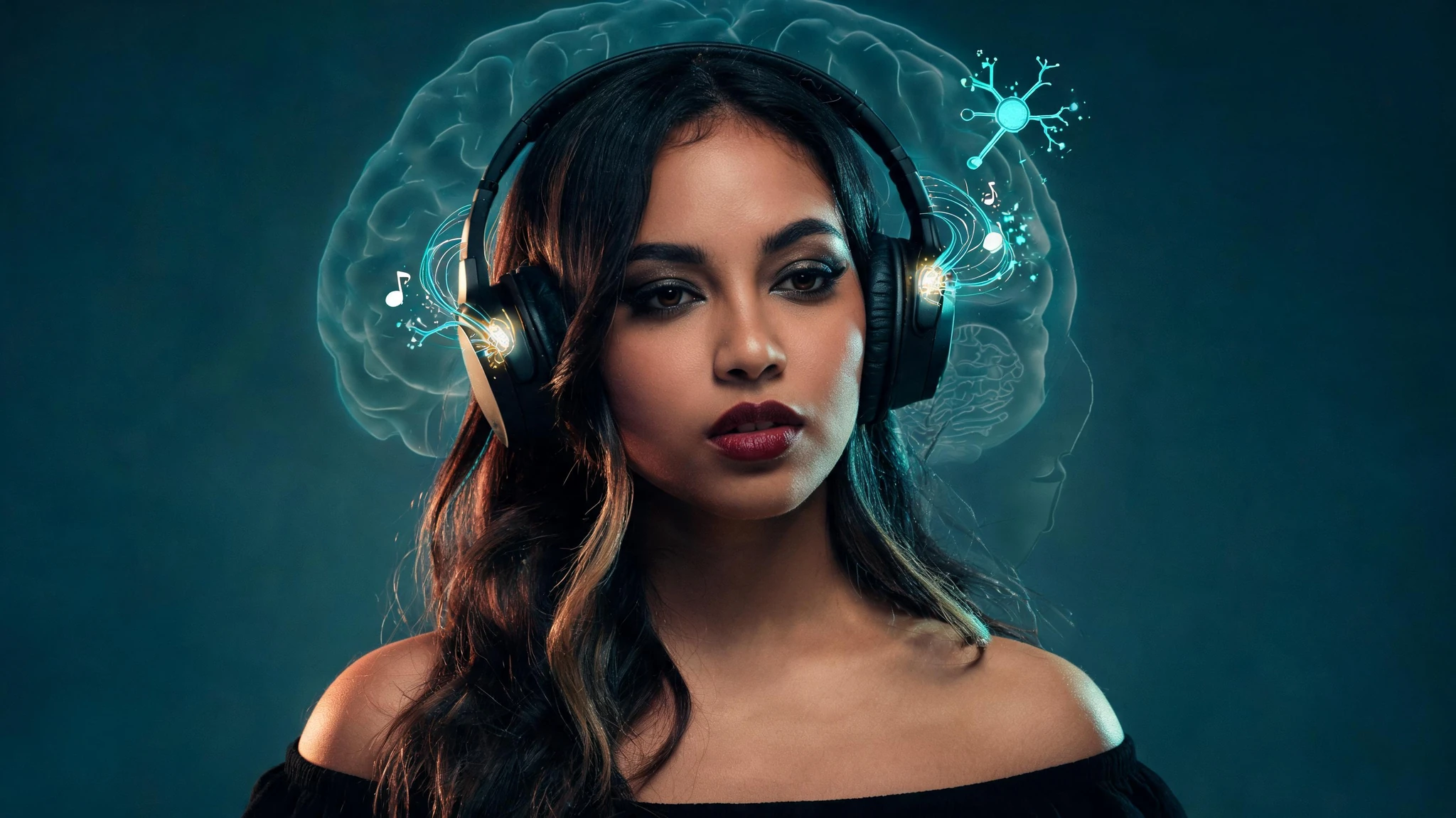 A young Latina woman in her early twenties, with warm light-brown skin, long dark wavy hair with subtle caramel highlights falling past her shoulders, dark expressive brown eyes with smoky eye makeup, full deep-burgundy lips slightly parted, wearing a black off-shoulder top, listening intently through large matte-black over-ear studio headphones. Glowing teal and soft amber neuroscience overlays float around her head: a faint translucent brain silhouette with highlighted auditory cortex, thin glowing white-matter fiber tracts arcing from the ears toward the temples, a small neuron diagram, and tiny musical notes dissolving into nerve impulses. Strip any text or watermarks from the source. Centered head-and-shoulders composition that survives a 3:4 portrait crop, soft dark teal background with a hint of depth