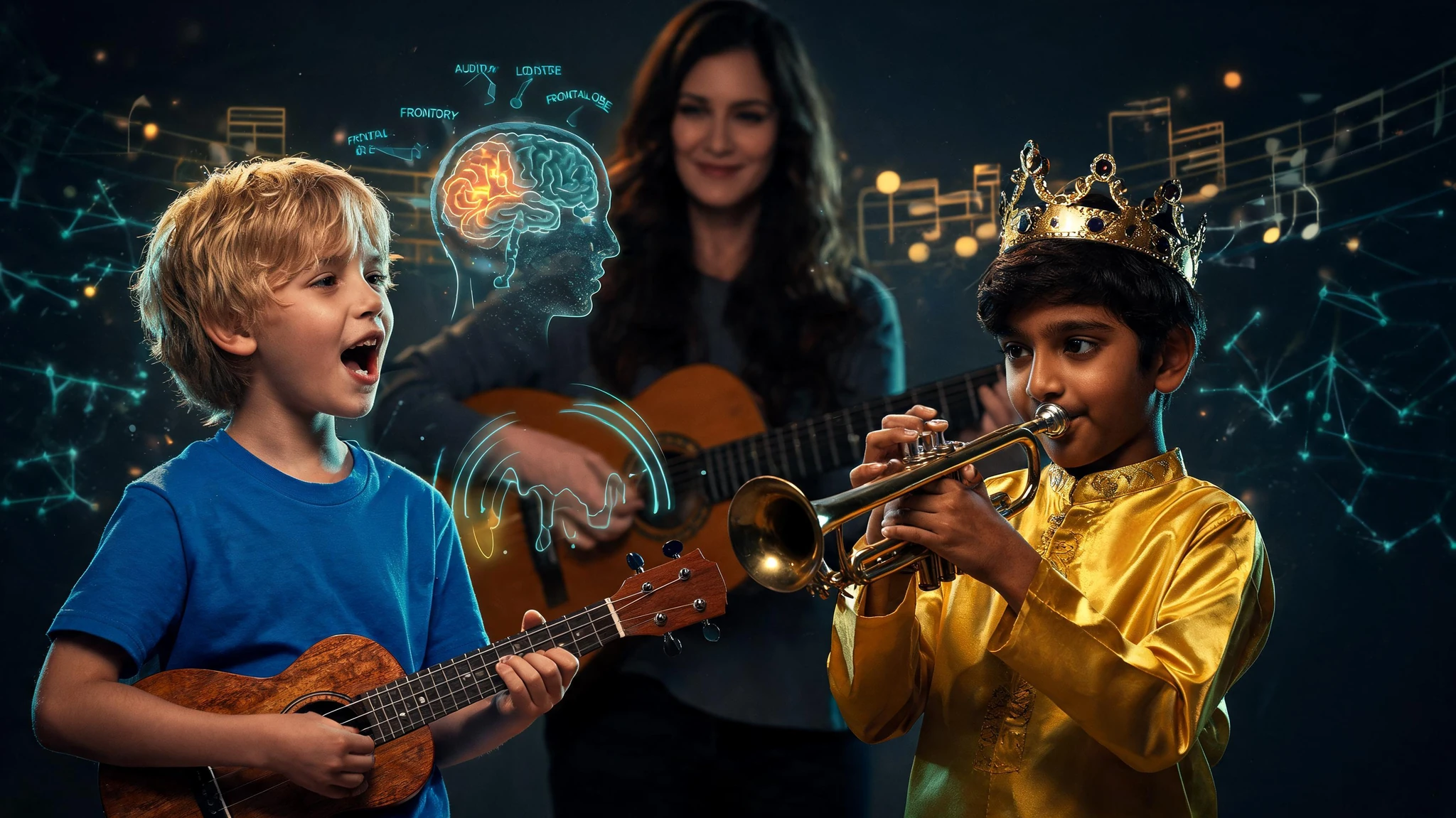 A cinematic, dimly lit family scene reimagined in a stylized scientific portrait. In the foreground, a Caucasian boy of about six with shaggy blond hair and a bright cobalt-blue t-shirt sings open-mouthed while strumming a small wooden ukulele. Beside him, a South Asian boy of about seven with warm brown skin, dark hair, a small jeweled gold crown, and a glossy yellow satin tunic plays a brass trumpet with focused eyes. Softly out of focus behind them, a Caucasian woman in her early thirties with long dark brown wavy hair and a charcoal long-sleeved top holds an acoustic guitar and watches them with a soft smile. Floating around the trio are glowing teal and amber neural overlays: a luminous side-profile of a child's brain with highlighted auditory cortex and frontal lobe, faint sound-wave arcs, soft musical-staff lines, and a delicate glowing neuron network. Strip any text and watermark from the original. Centered composition that survives a 3:4 portrait crop