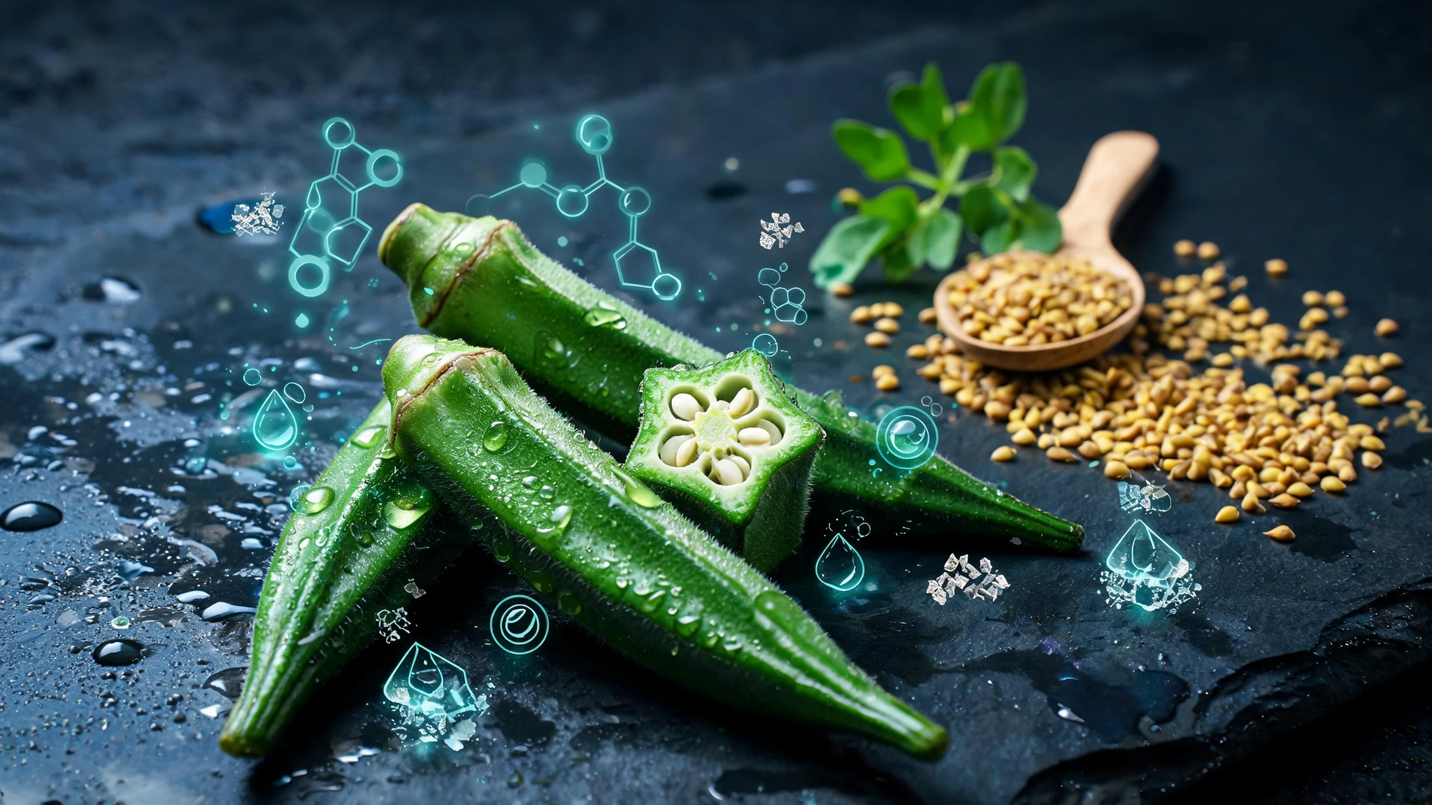 A close, dramatic still life of fresh whole green okra pods alongside a cut okra cross-section showing the star-shaped chamber and pale seeds, plus a small wooden spoon spilling golden-yellow fenugreek seeds with a sprig of green fenugreek leaves resting on dark wet stone. Stylized cinematic look, deep dark slate background with droplets of water beading on the pods, and a single neon-teal accent glow with floating translucent scientific overlays around the produce: faint molecular polysaccharide chains, schematic water-droplet diagrams, and ghosted icons of microplastic fragments clumping into larger aggregates. No people in this image. Strip out any text, logos, or watermarks but keep the moody high-contrast aesthetic. Centered composition that survives a 3:4 portrait crop, with the cross-section okra near the middle and fenugreek seeds in the upper right negative space