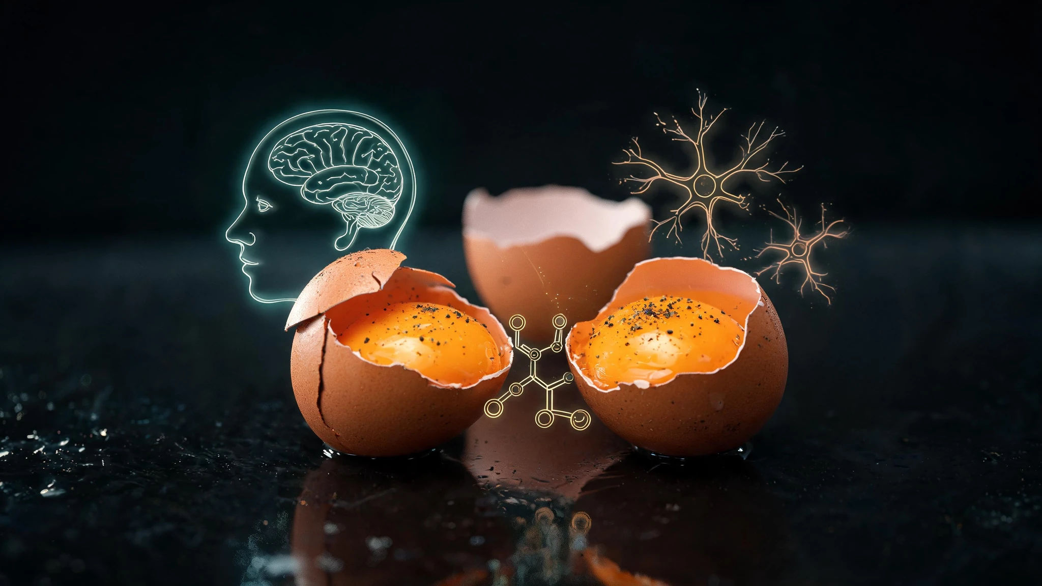 Two cracked brown chicken eggs sitting on a glossy wet dark surface, their bright orange yolks intact and glistening, dusted with cracked black pepper. A third eggshell sits in soft focus behind them. Floating around the eggs are translucent glowing scientific overlays in a teal and amber neon palette: a small line-drawn human head silhouette in profile with a brain visible inside, faint neuron diagrams with branching dendrites, a delicate molecular structure suggesting choline, and a soft glowing acetylcholine molecule. No people in the frame. No text overlays, no watermarks. Centered composition with the eggs in the lower-middle third so the image survives a 3:4 portrait crop