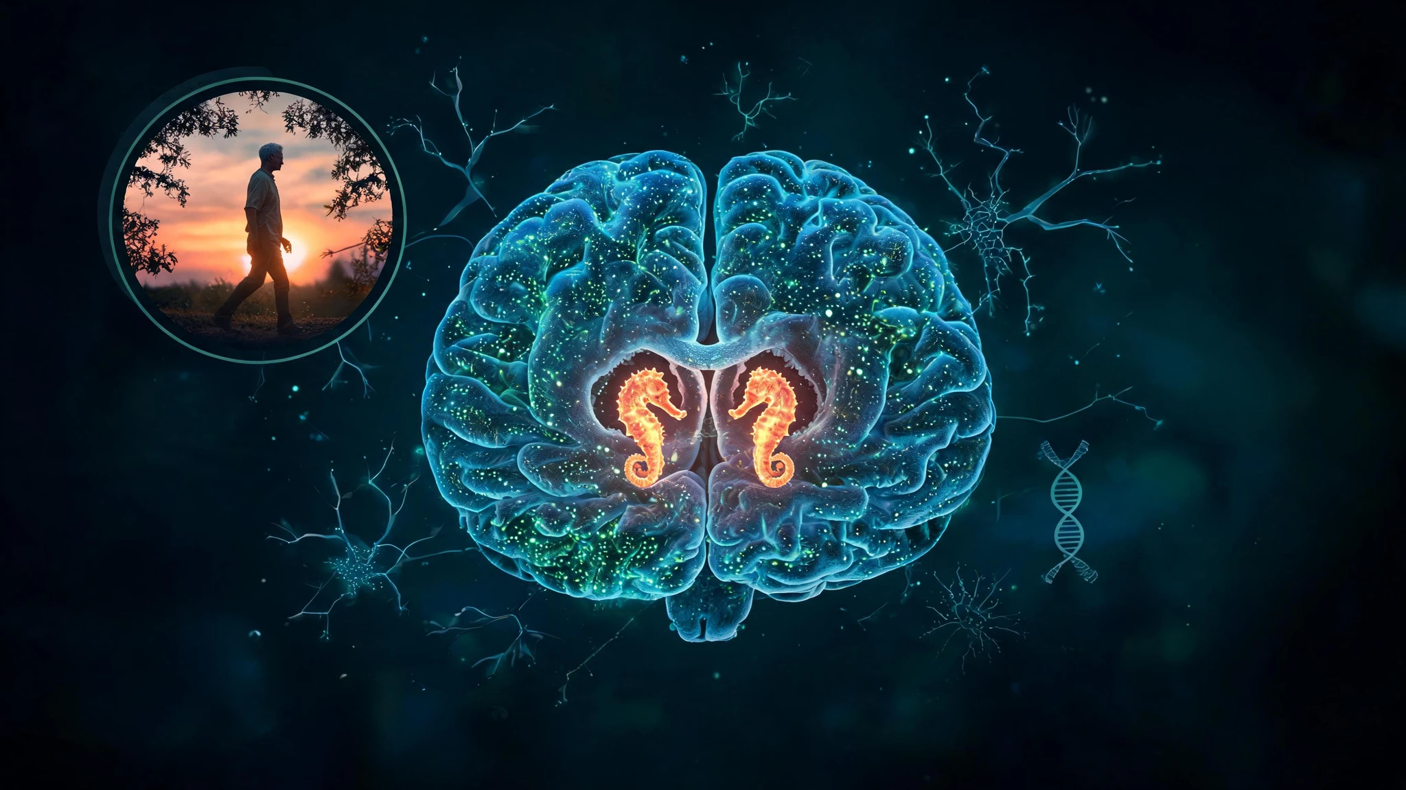 An anatomical axial cross-section of a human brain rendered in dark cinematic style, dominated by deep teal and indigo background. The brain tissue glows in cool greens and blues with bioluminescent cellular detail, while the hippocampus structures in the center pulse in vivid orange-red and amber, depicted as curved seahorse-shaped highlights. Faint scientific overlays of glowing neuron diagrams, dendrite branches, and molecular helices float around the brain. In the upper-left corner, a small inset circle shows the silhouette of a Caucasian person of about 60, slim build, walking against a warm sunset, framed by a tree branch. No text or watermarks. Centered composition that survives a 3:4 portrait crop