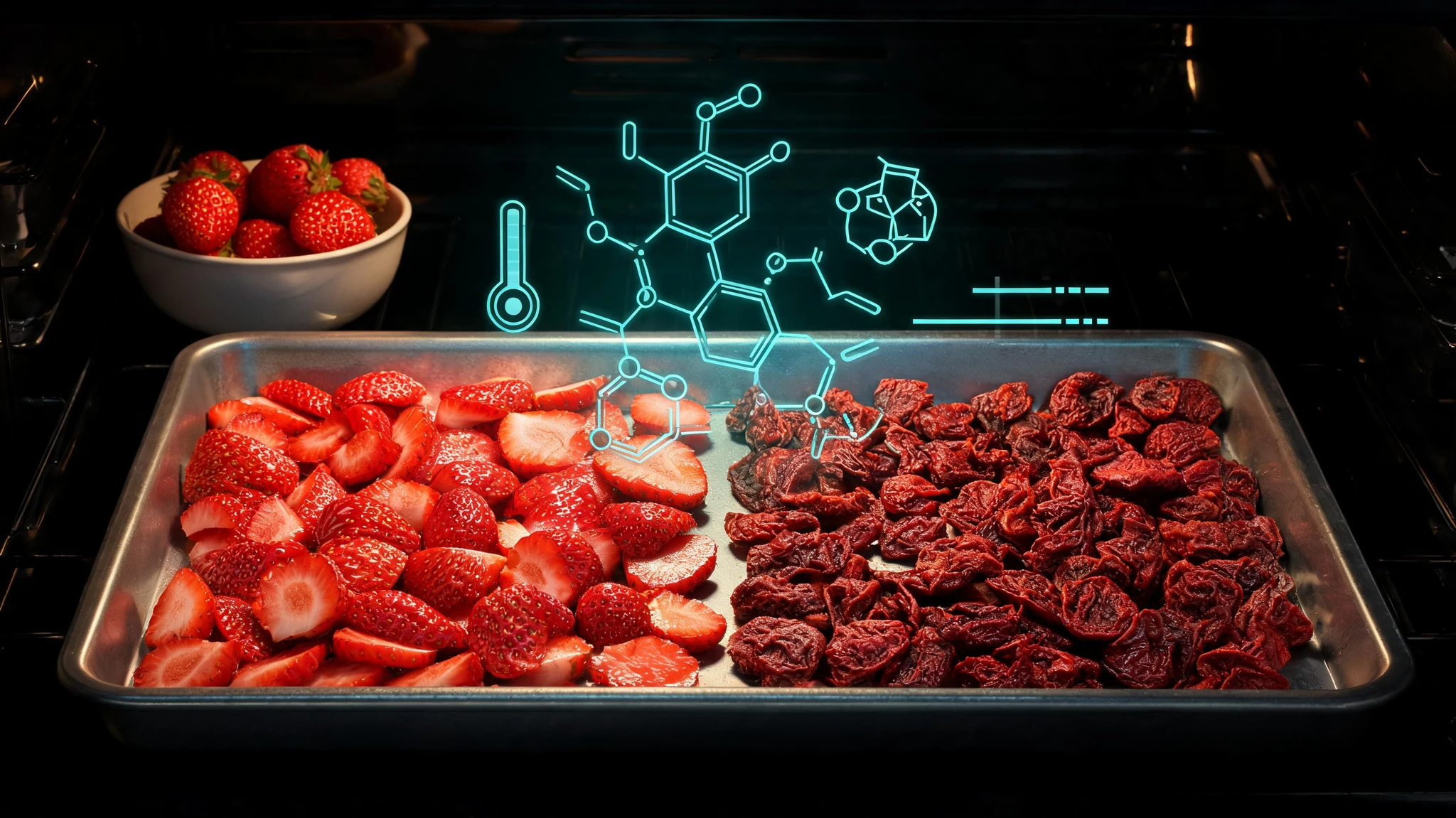 A dramatic, dark cinematic close-up of a baking sheet inside a home oven, half filled with bright, glossy red fresh strawberry slices and half filled with shrunken, deep crimson, dehydrated oven-dried strawberry pieces, with a small ceramic bowl of whole fresh strawberries in the upper corner. No people in the frame. Floating above and around the tray are softly glowing scientific overlays: a translucent vitamin C molecular structure, a faint thermometer icon, an ascorbic acid ring diagram, and small data ticks suggesting a percent retention chart, all in a single neon teal accent against a near-black background. Strip away any text overlays, captions, or watermarks. Centered composition that survives a 3:4 portrait crop