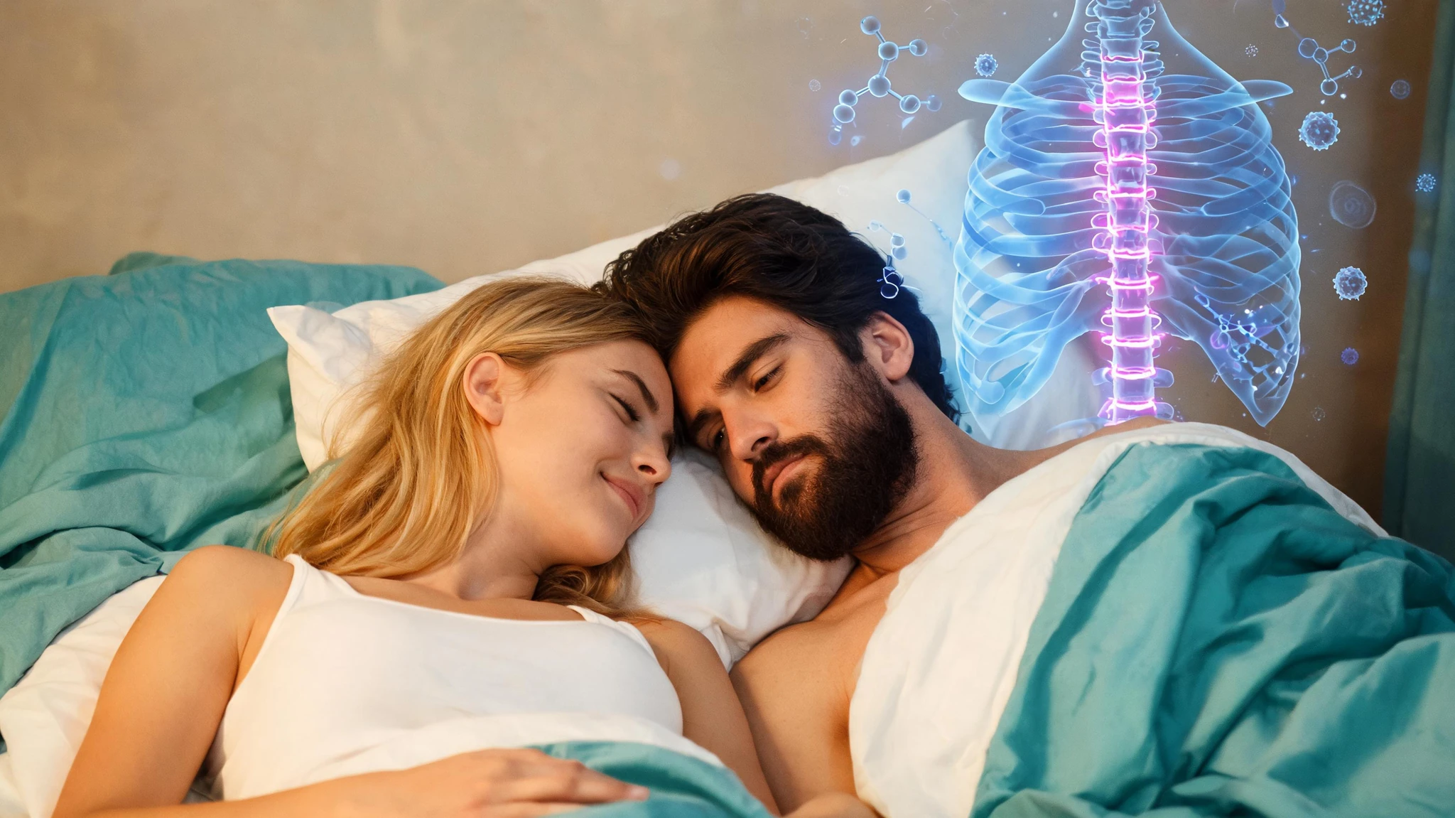 A young Caucasian woman with long blonde hair, fair skin, and a relaxed smile, around her late twenties, lies on her back in a bed with crisp white sheets and a turquoise duvet, wearing a plain white tank top. Beside her, a Caucasian man with thick dark brown hair, a full dark beard, olive-fair skin, and warm brown eyes, also late twenties, rests his head against hers in a calm cuddle. Floating above them, off to one side and clearly separated as a scientific overlay, is a glowing translucent diagram of a human spine and ribcage rendered in deep electric blue with magenta accents at the joints, with faint molecular structures and small immune-cell icons drifting around it. The composition is centered enough to survive a 3:4 portrait crop, with the couple in the lower two thirds and the anatomical overlay floating in the upper right