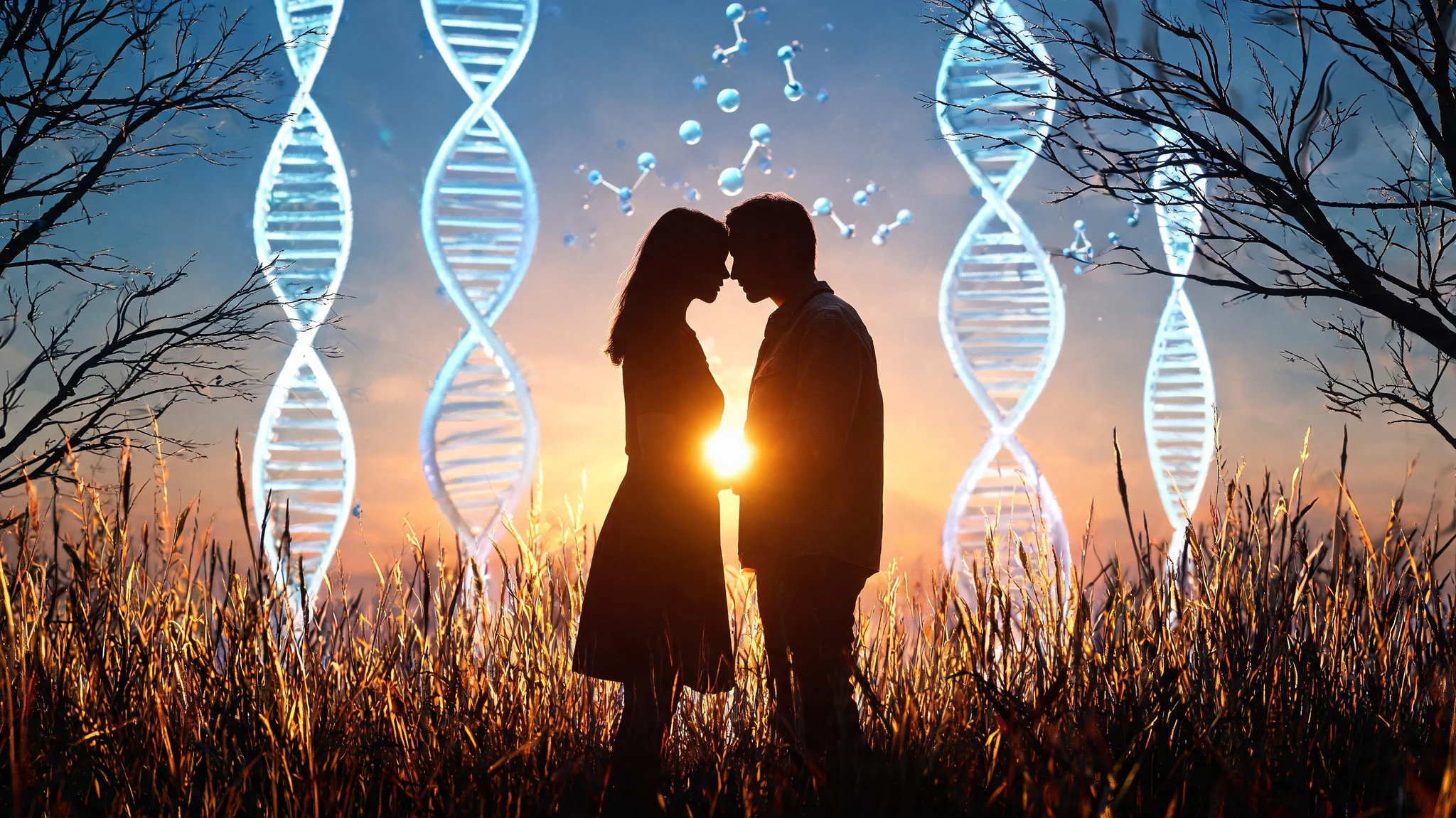 A silhouetted Caucasian couple in their early thirties stand close together in a tall-grass field at sunset, foreheads almost touching, the woman in a knee-length dress and the man in a casual jacket, with bare trees framing them on either side and a low golden sun glowing between their bodies. Layered behind them in the same frame, glowing translucent blue DNA double-helix structures rise vertically, with smaller molecular ball-and-stick structures floating in the upper area, all rendered with realistic depth-of-field so the scientific overlays are sharp in the background while the couple silhouette remains the warm focal element. No text, no logos, no Instagram circular frame, single unified composition with the couple centered low and the DNA helices behind them filling the rest of the frame. Centered composition that survives a 3:4 portrait crop