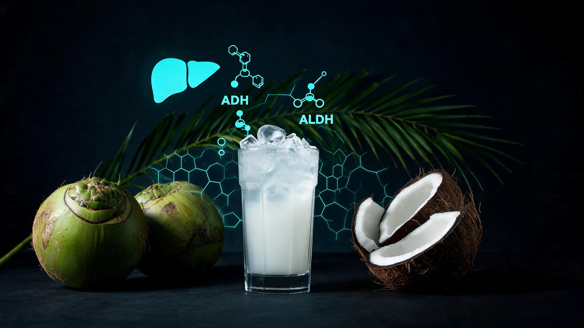 A tall clear glass filled with crushed ice and a translucent pale-white juice, centered on a dark moody background. Two whole green young coconuts sit to the left and one cracked-open coconut showing white flesh sits to the right, with a slim palm frond rising behind. Floating around the glass are glowing scientific overlays in cool teal neon: a stylized liver icon, two enzyme-shaped molecular diagrams labeled ADH and ALDH, a small ethanol molecule, and faint hexagonal cell-membrane patterns. No people in frame. Strip all text overlays and watermarks but keep the cinematic dark-luxury beverage aesthetic. Centered composition that survives a 3:4 portrait crop