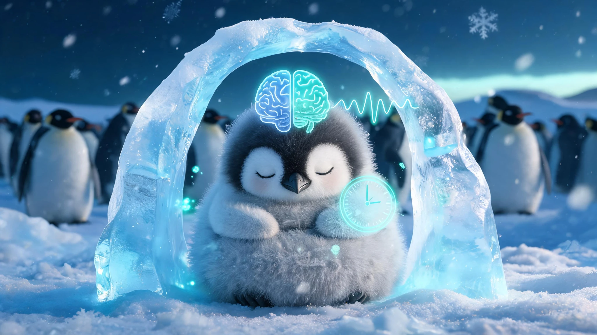A close-up of a single fluffy grey-and-white Antarctic penguin chick curled inside a translucent blue ice arch, eyes softly closed in mid-microsleep, surrounded by drifting snowflakes and a blurred colony of adult chinstrap penguins in the background. Floating around the chick are faint glowing scientific overlays in cool electric-blue and teal: a stylized brain hemisphere diagram with one side dimmed and one side lit, a small EEG waveform ribbon, a tiny clock face, and soft particle light. The palette is dark cinematic with one neon teal-blue accent, polar dusk on the horizon. Strip any text overlay or watermark from the source. Centered composition that survives a 3:4 portrait crop